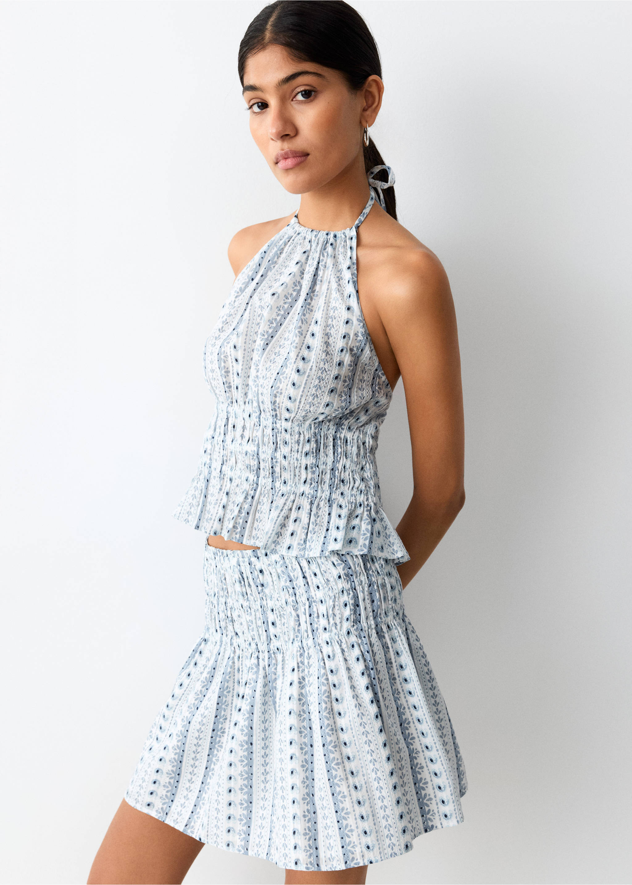 Gathered waist print skirt - Medium plane, Sky Blue. Ref: 27097141-00.