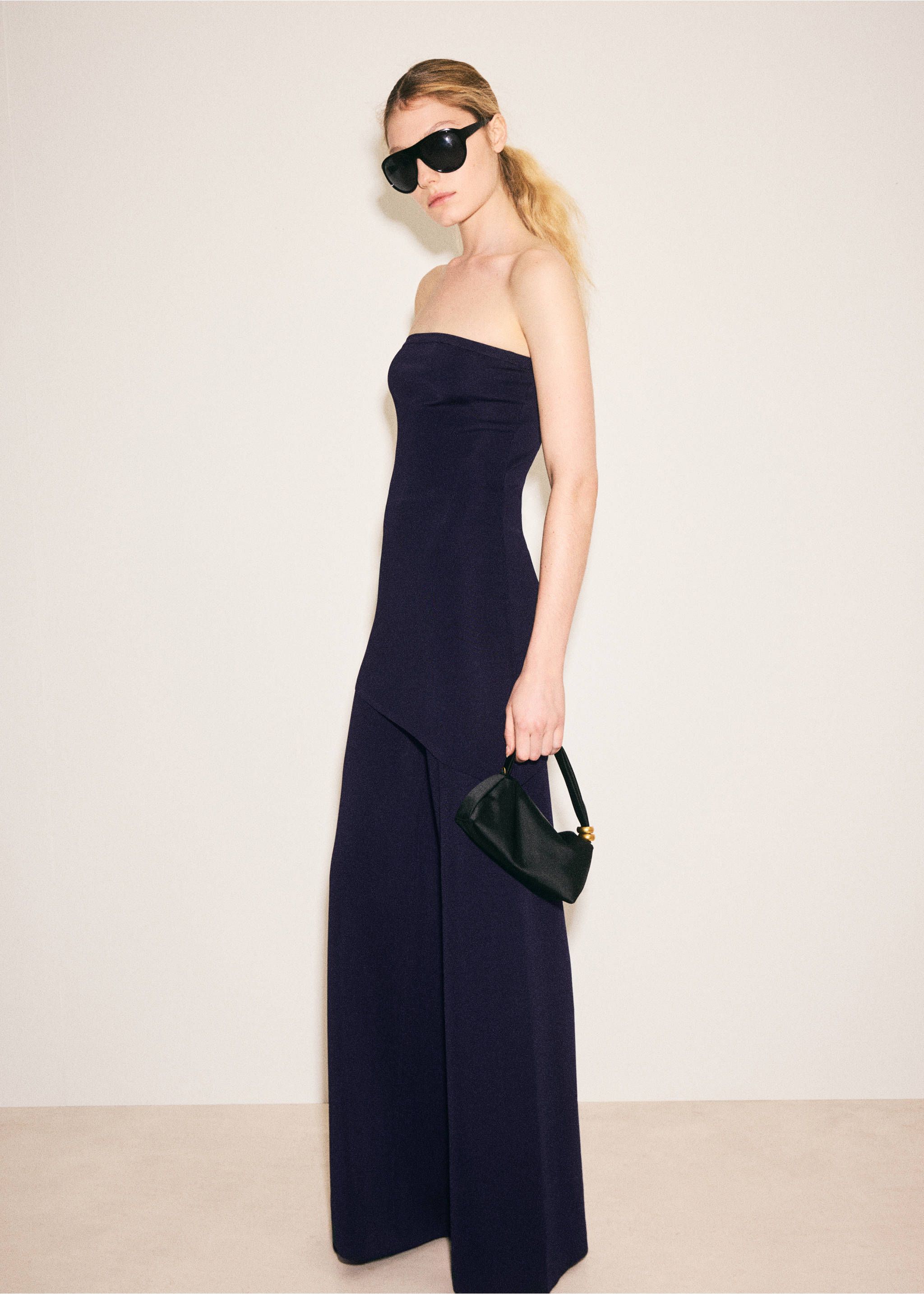 Pantalón punto wide leg - Plano general, Azul marino. Ref: 27097144-00.