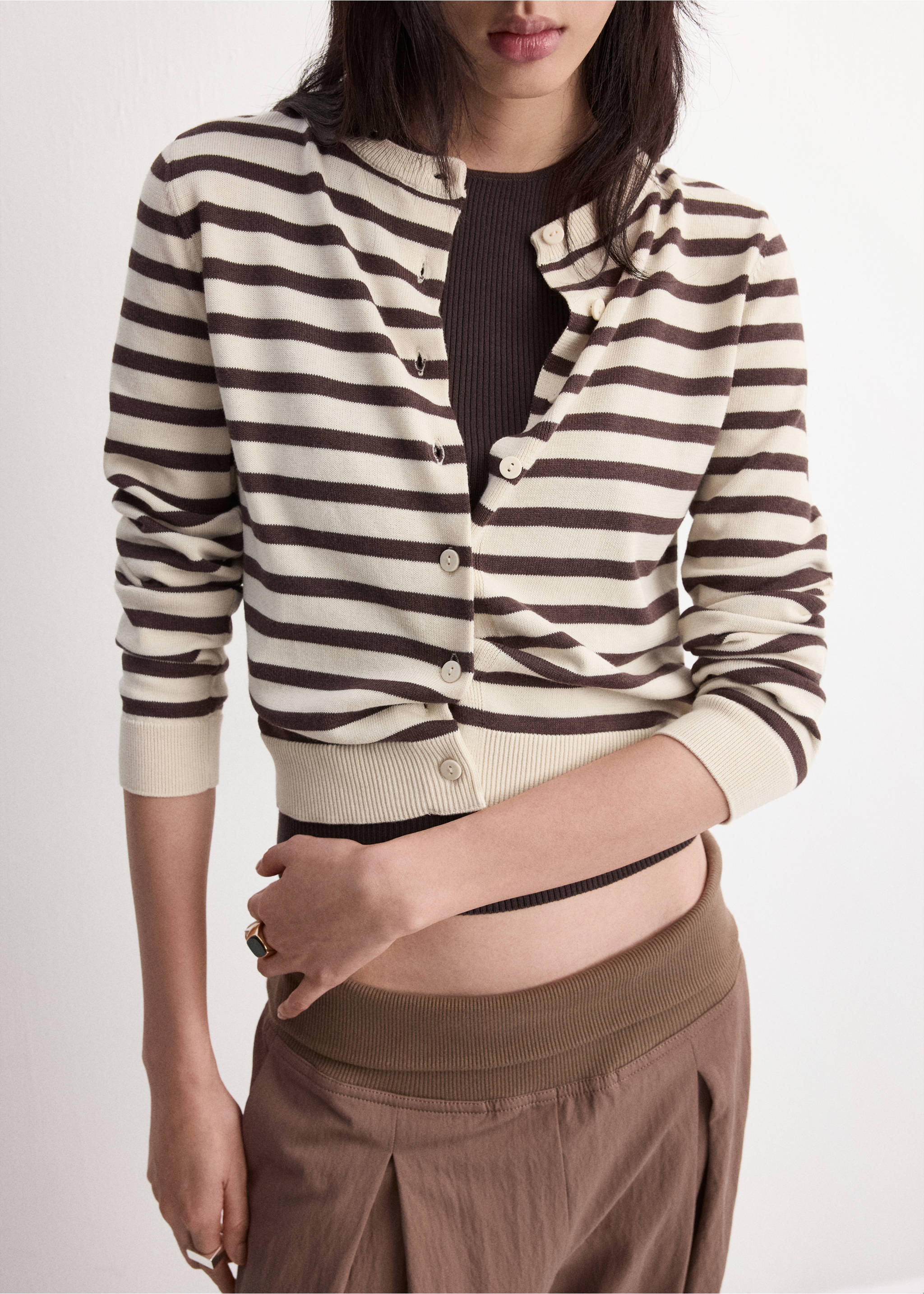 Stripped knit cardigan - Medium plane, Chocolate. Ref: 27097145-00.