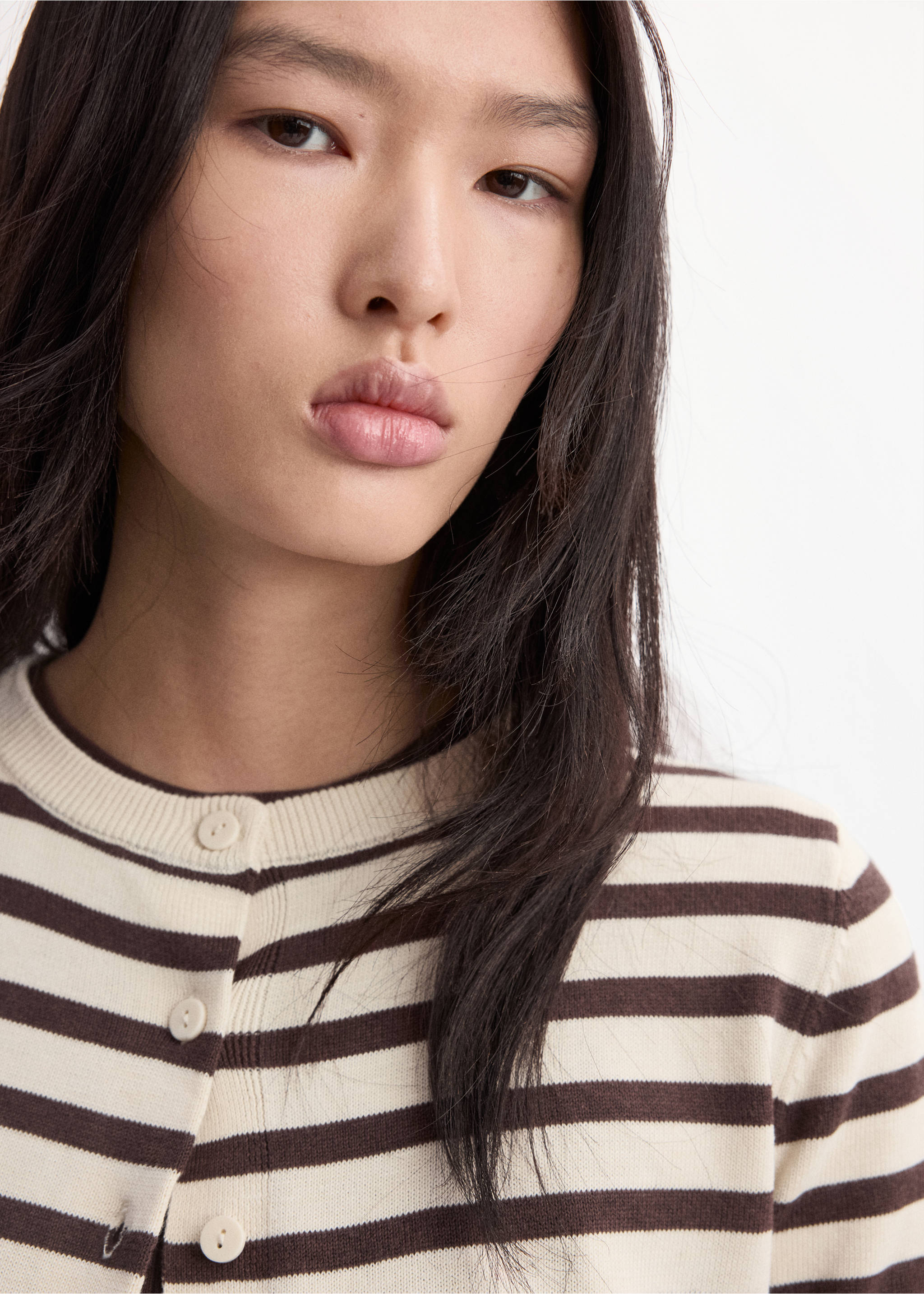 Stripped knit cardigan - Details of the article 1, Chocolate. Ref: 27097145-00.