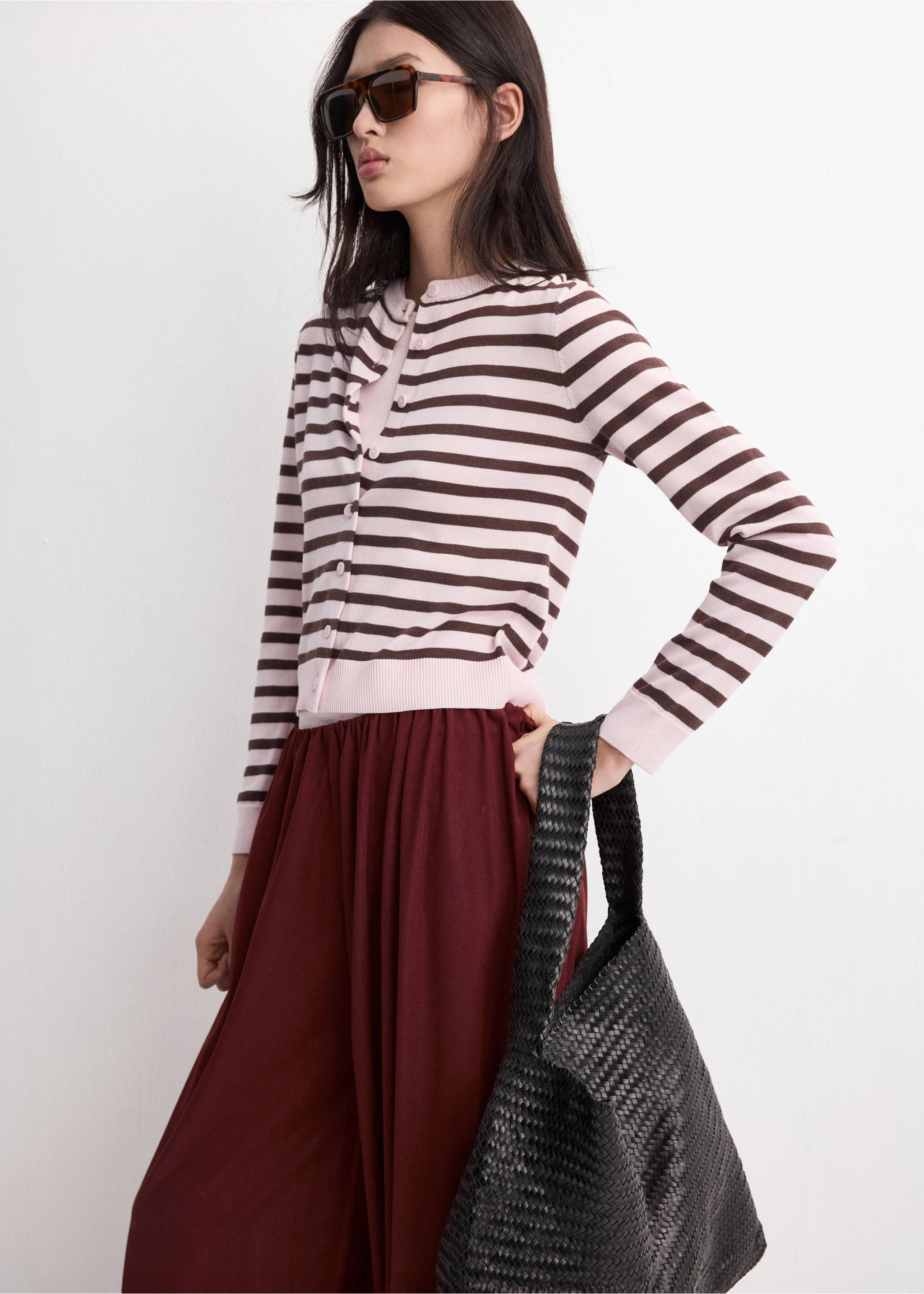 Stripped knit cardigan - Medium plane, Pink. Ref: 27097145-00.
