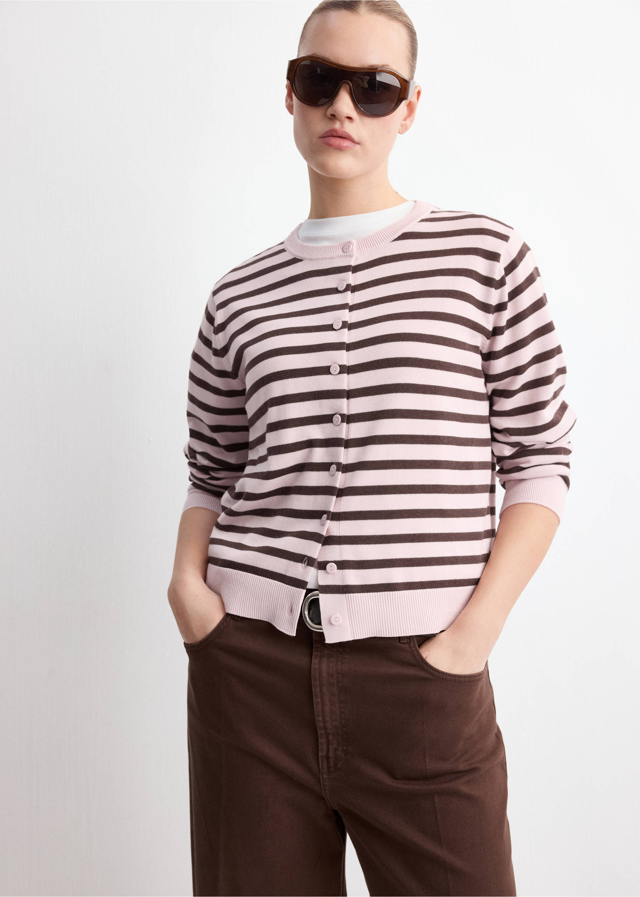 Stripped knit cardigan - Details of the article 5, Pink. Ref: 27097145-00.