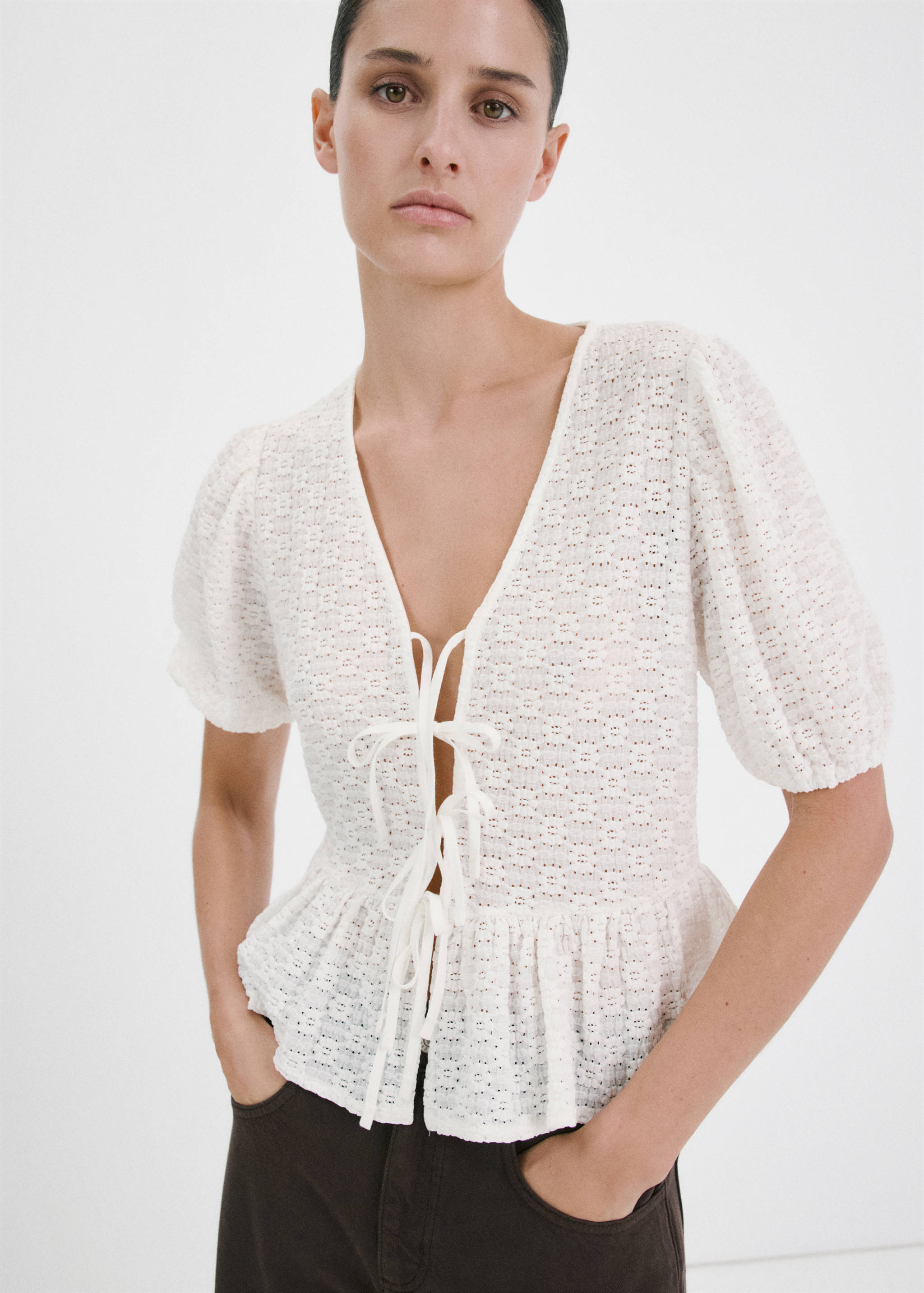 Bows floral embroidery blouse - Medium plane