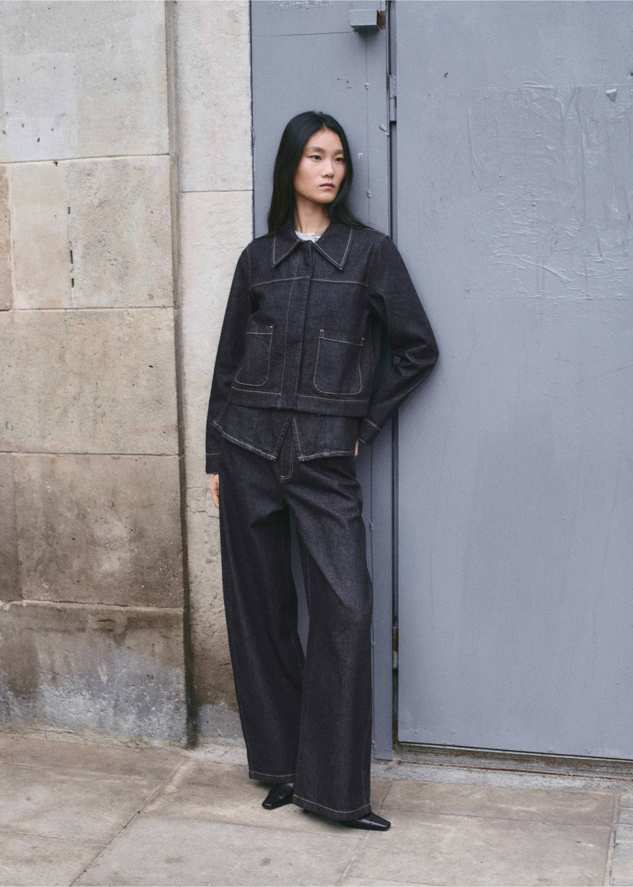 Chaqueta denim bolsillos - Plano general, Azul. Ref: 27097155-00.