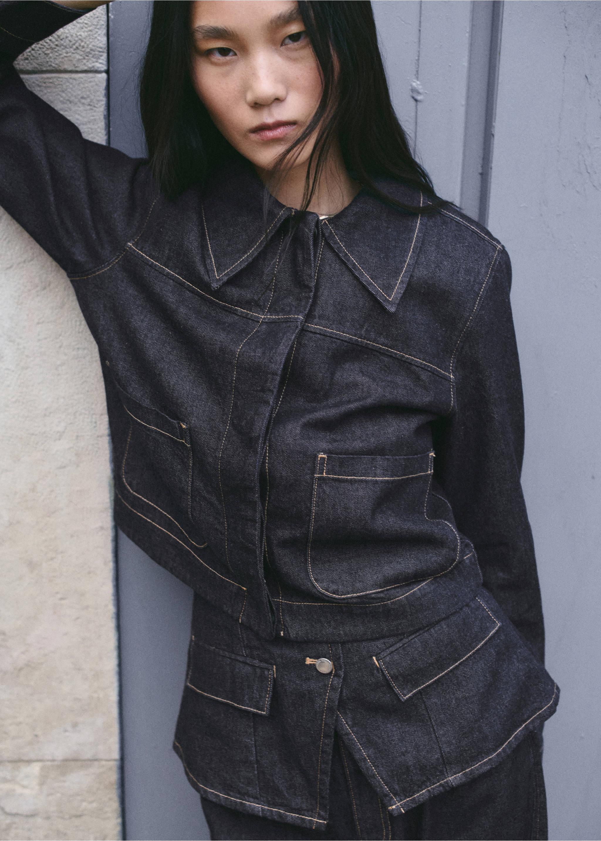 Chaqueta denim bolsillos - Plano medio, Azul. Ref: 27097155-00.