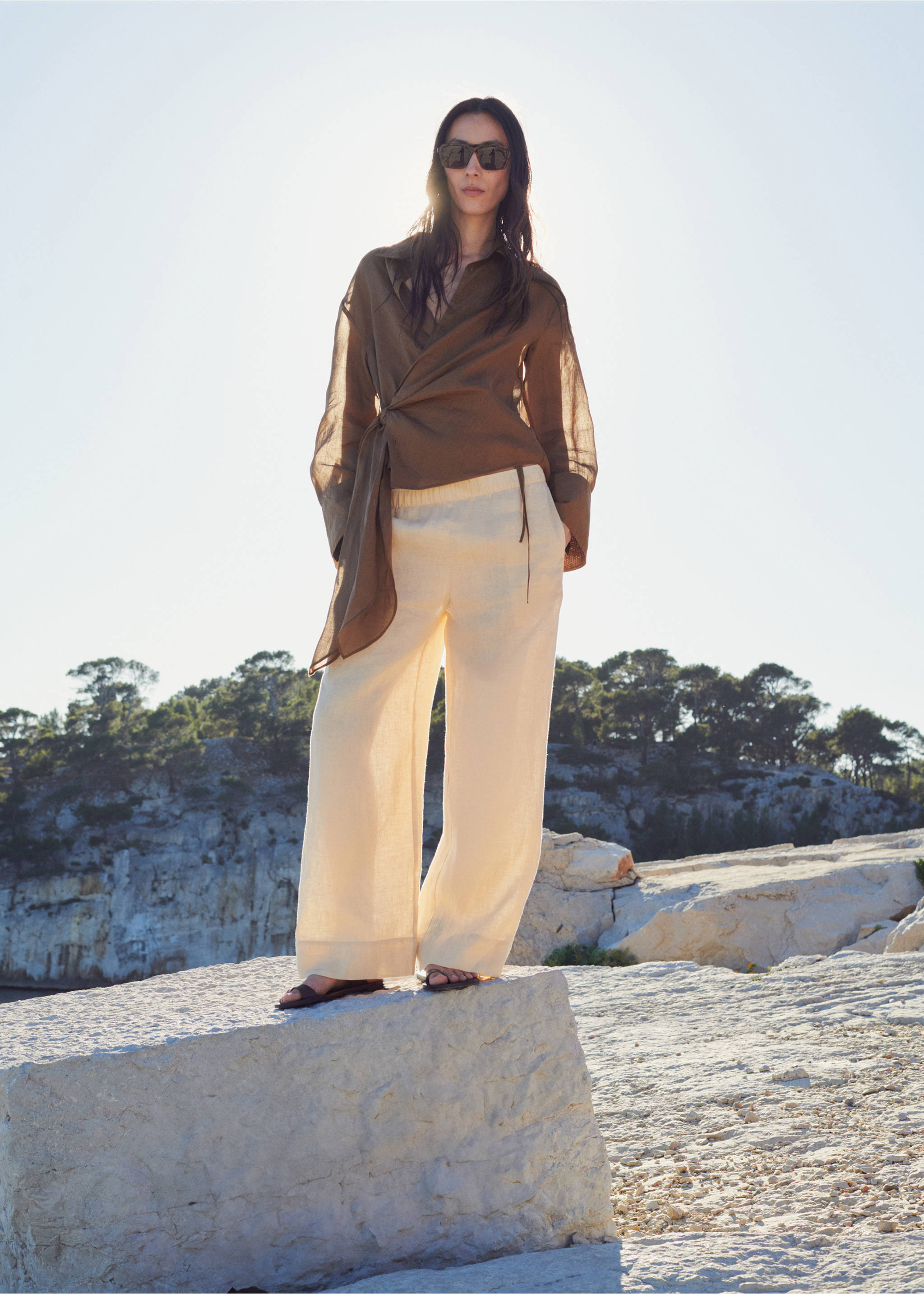 100% ramie blouse with tie - General plane, Brown. Ref: 27097156-00.