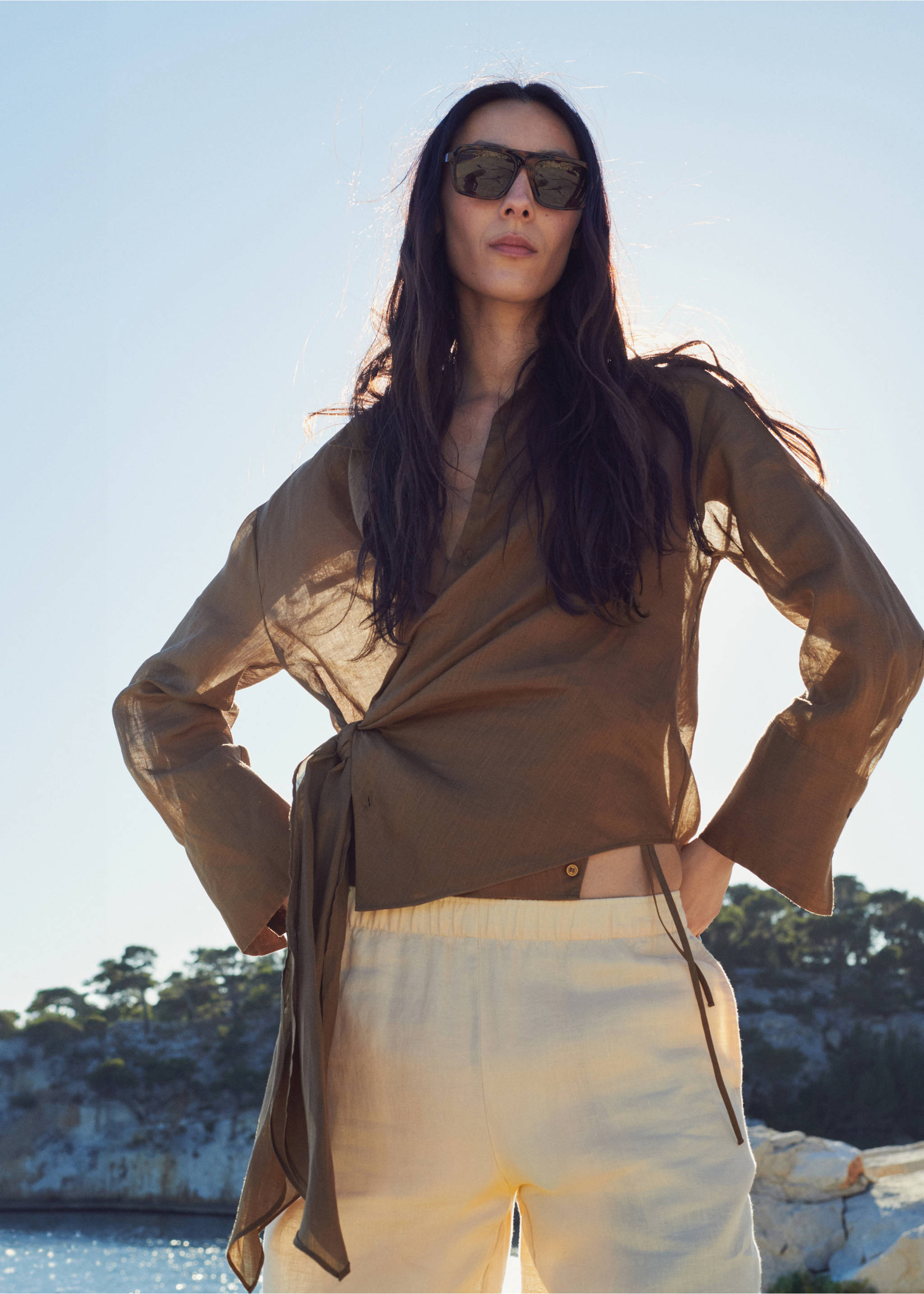 100% ramie blouse with tie - Medium plane, Brown. Ref: 27097156-00.