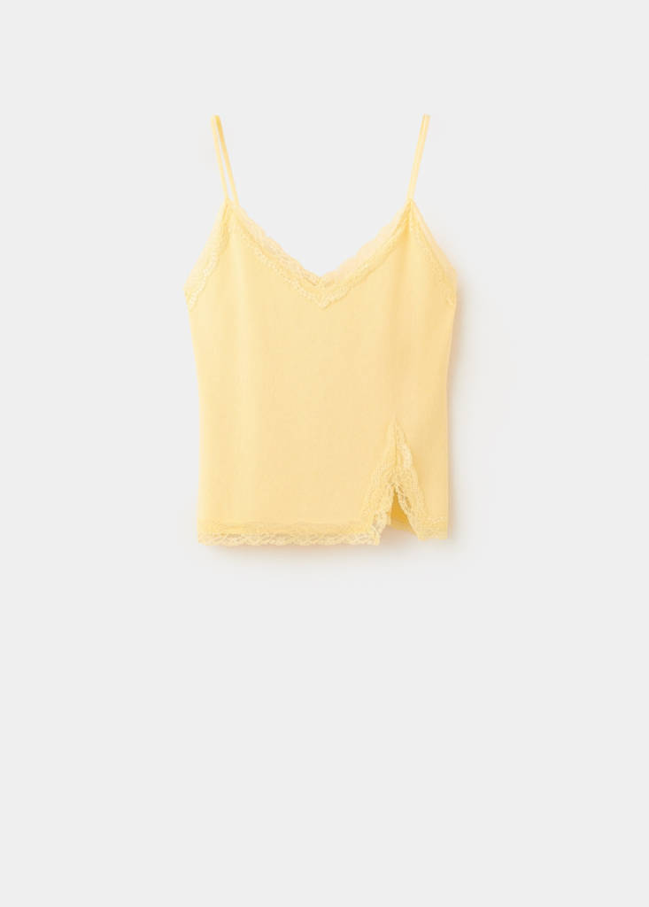 Top mit Detail aus Spitze — Pastellgelb