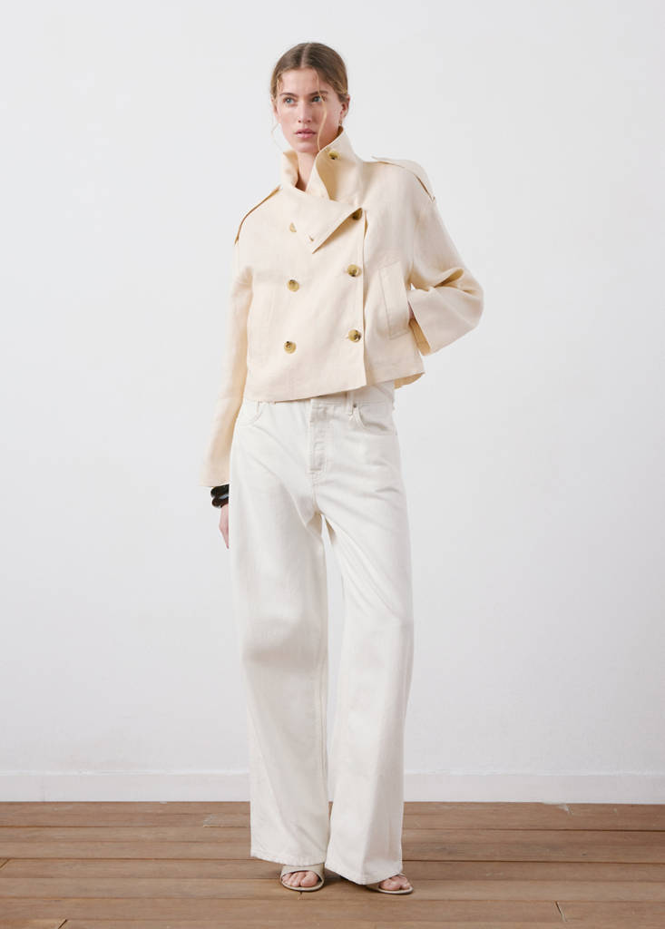 Linen funnel neck trench coat — Ecru