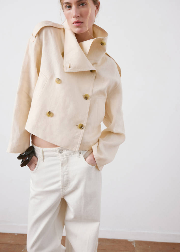 Linen funnel neck trench coat — Ecru