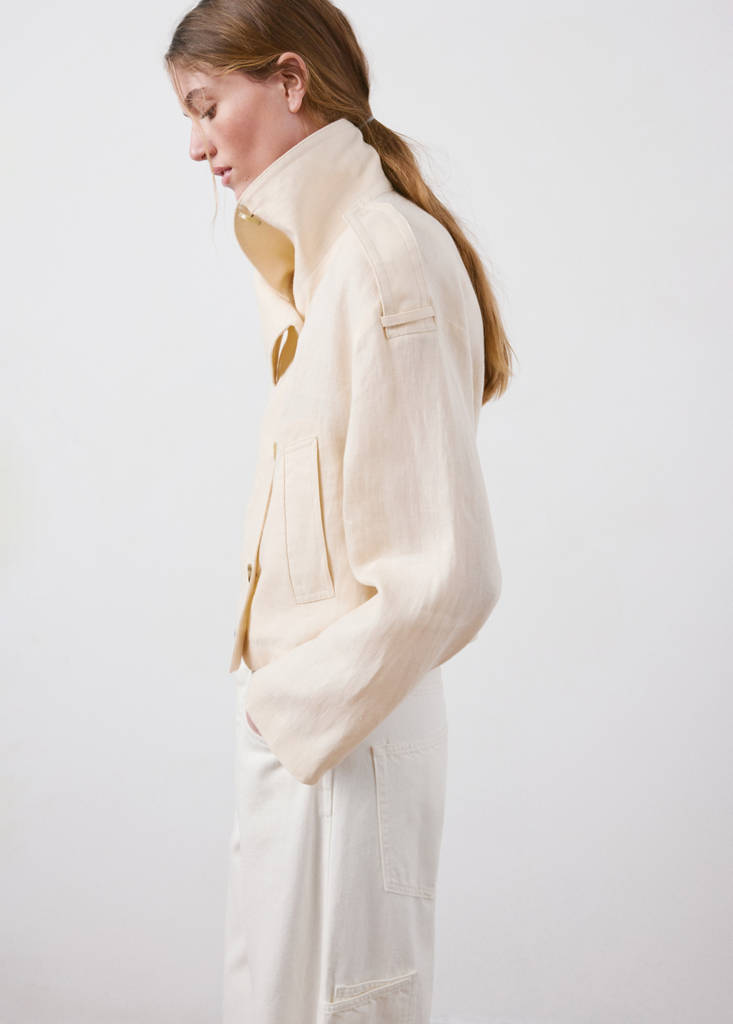 Linen funnel neck trench coat — Ecru