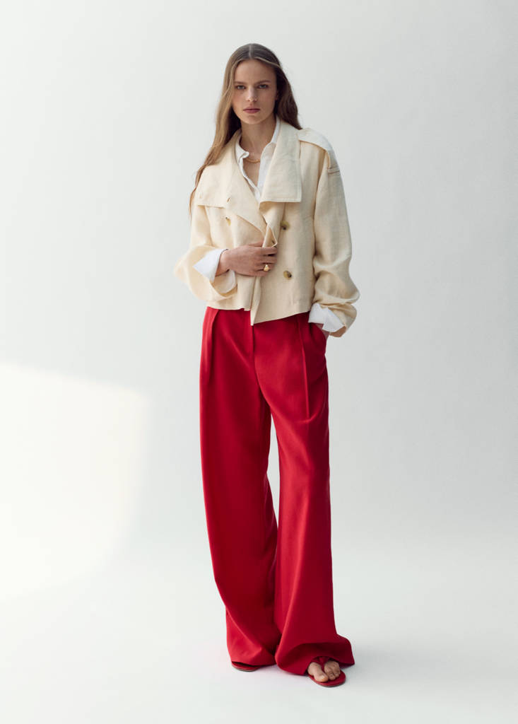 Linen funnel neck trench coat — Ecru