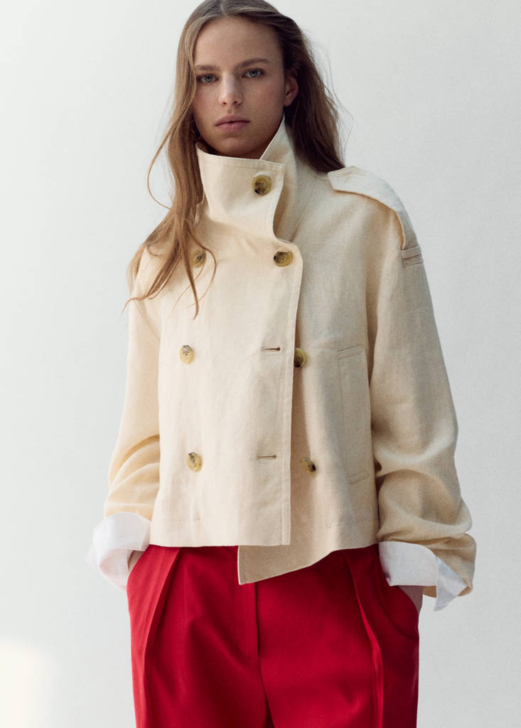 Linen funnel neck trench coat — Ecru
