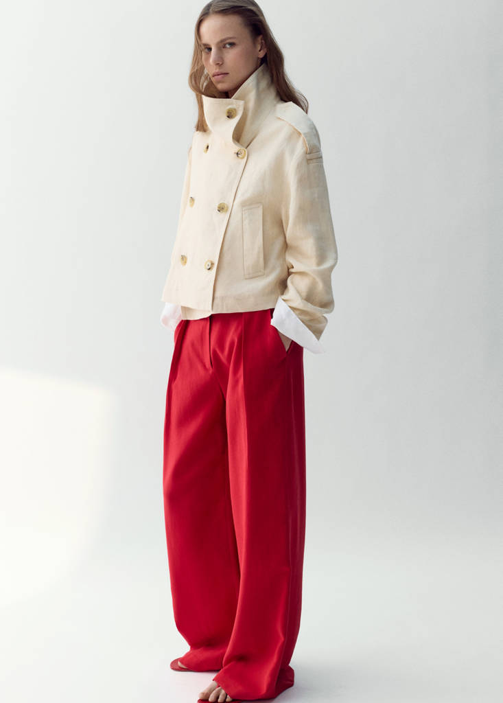 Linen funnel neck trench coat — Ecru