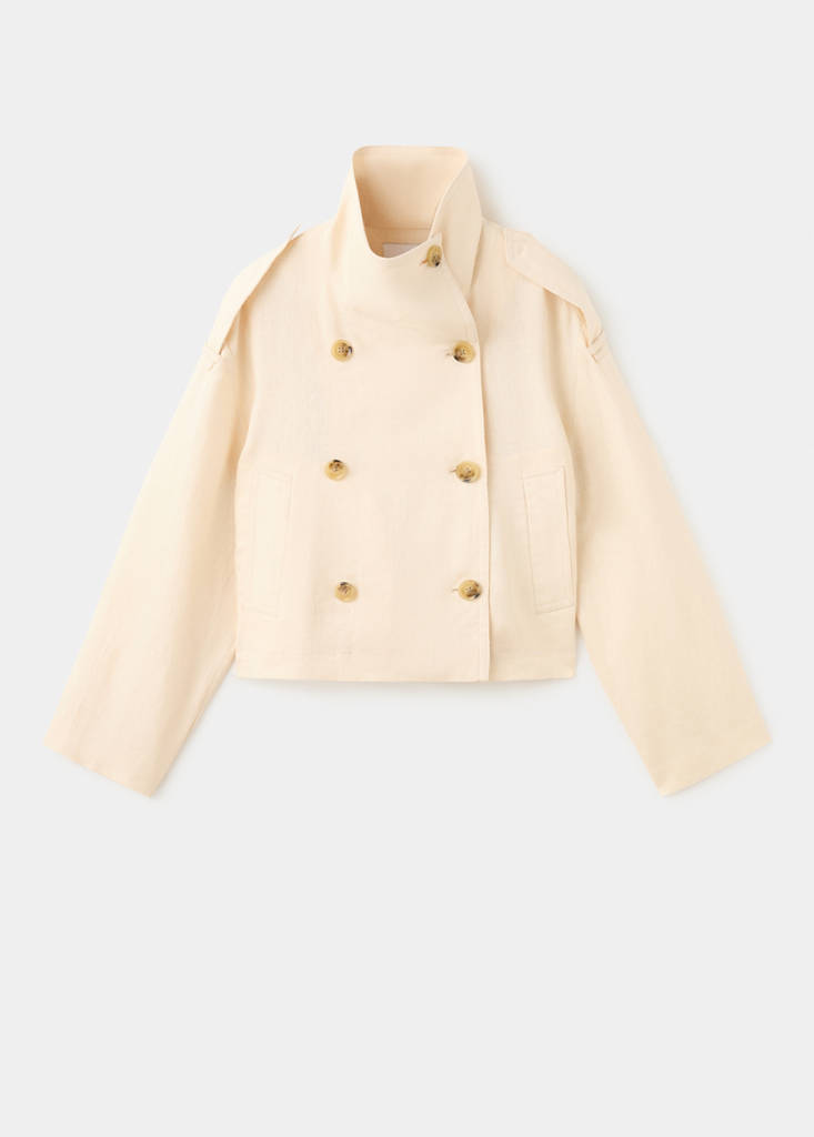 Linen funnel neck trench coat — Ecru