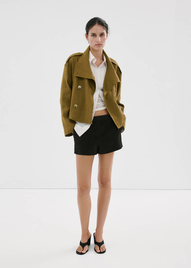 Linen funnel neck trench coat — Olive Green