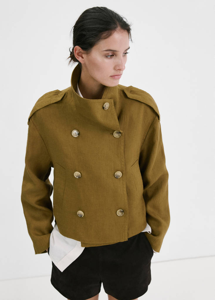 Linen funnel neck trench coat — Olive Green