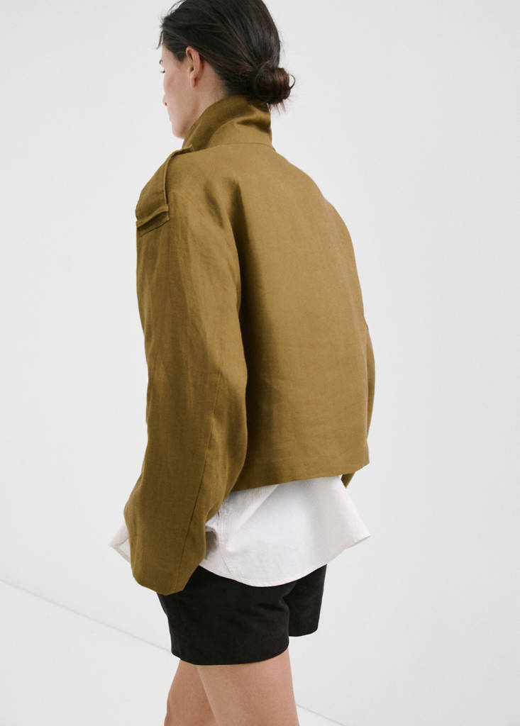 Linen funnel neck trench coat — Olive Green