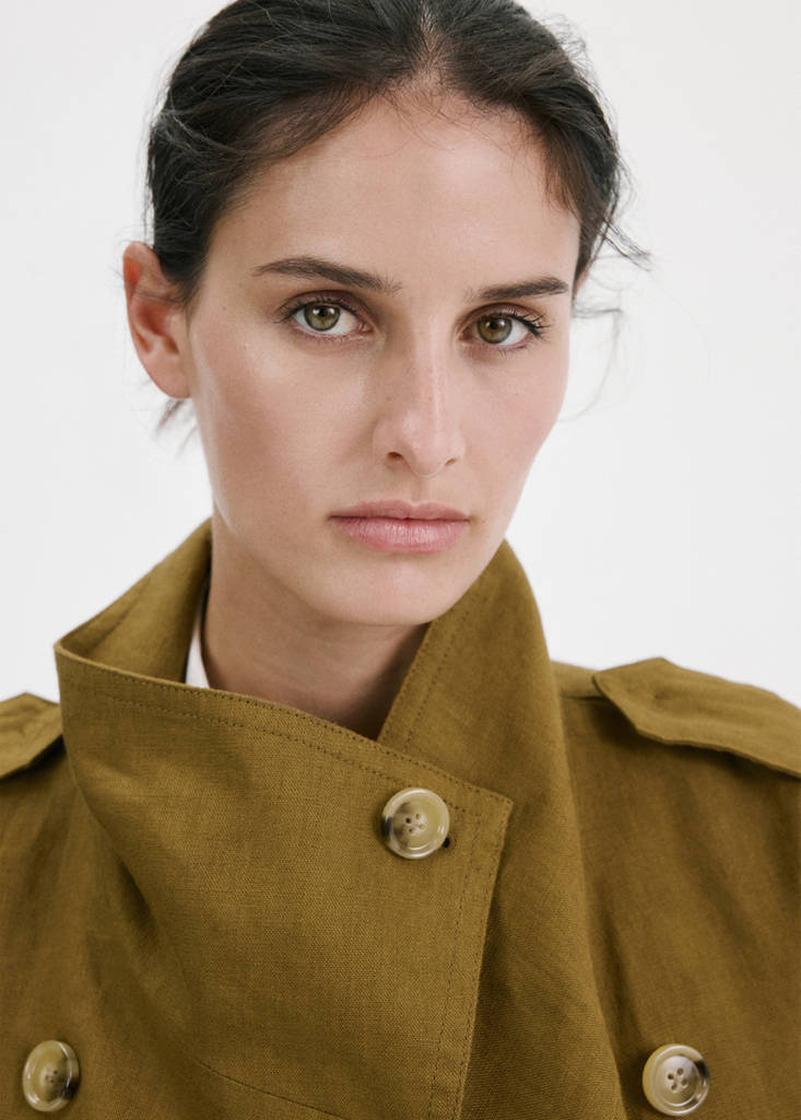 Linen funnel neck trench coat — Olive Green