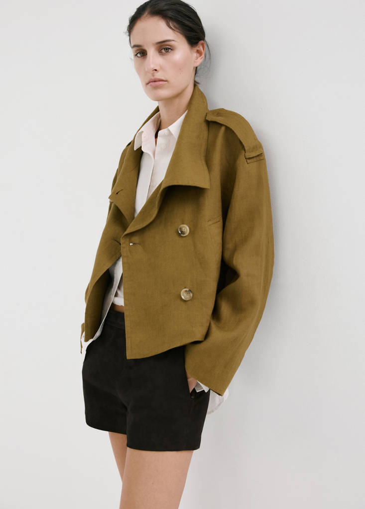 Linen funnel neck trench coat — Olive Green