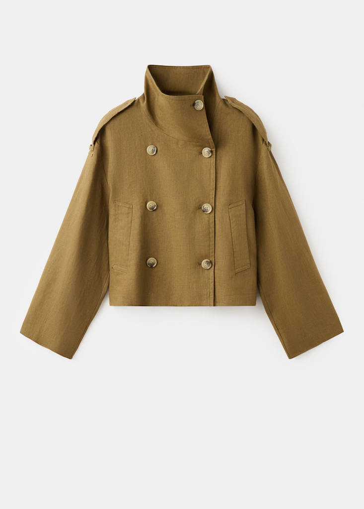 Linen funnel neck trench coat — Olive Green