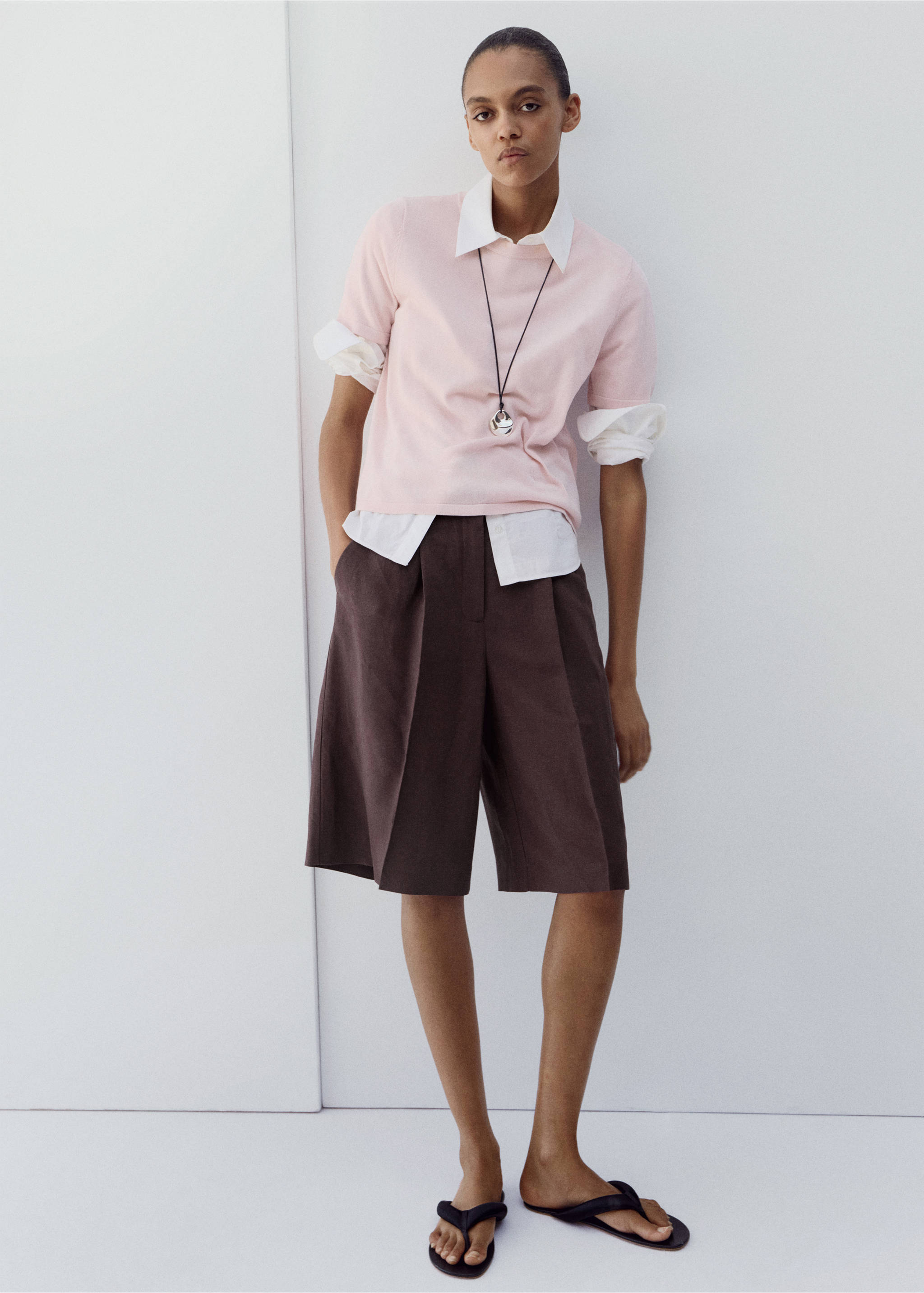 Straight linen Bermuda shorts - General plane, Purple. Ref: 27097782-01.