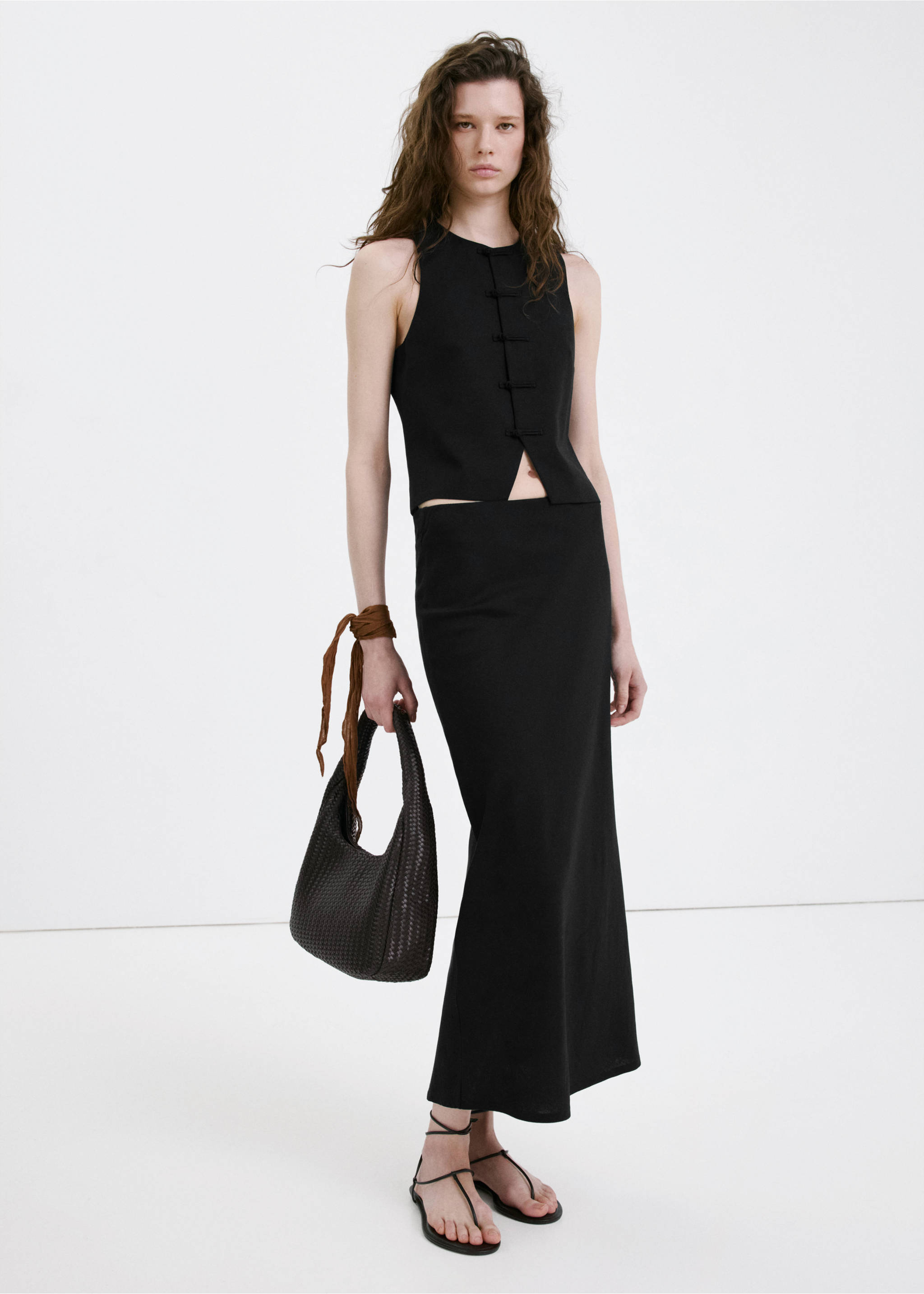 Chaleco traje mezcla lino - Plano general, Negro. Ref: 27097783-00.