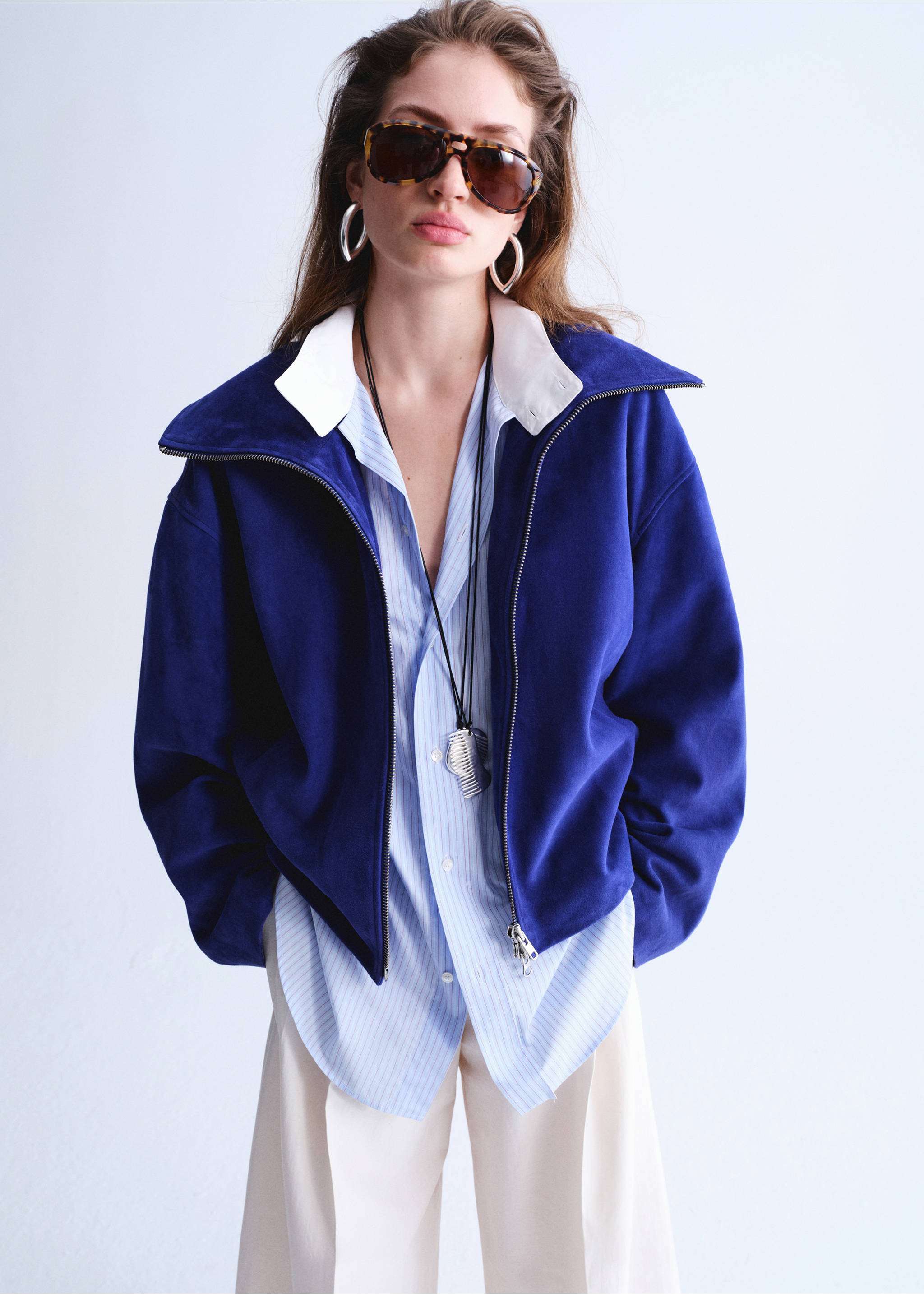 Suede funnel-neck jacket - Medium plane, Blue. Ref: 27097790-00.
