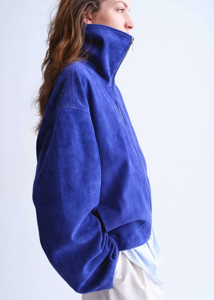 Suede funnel-neck jacket — Blue