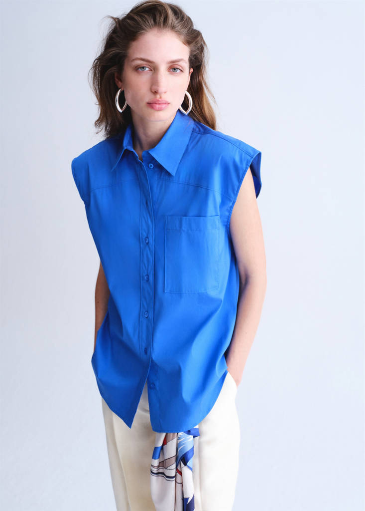 Sleeveless poplin shirt — Blue