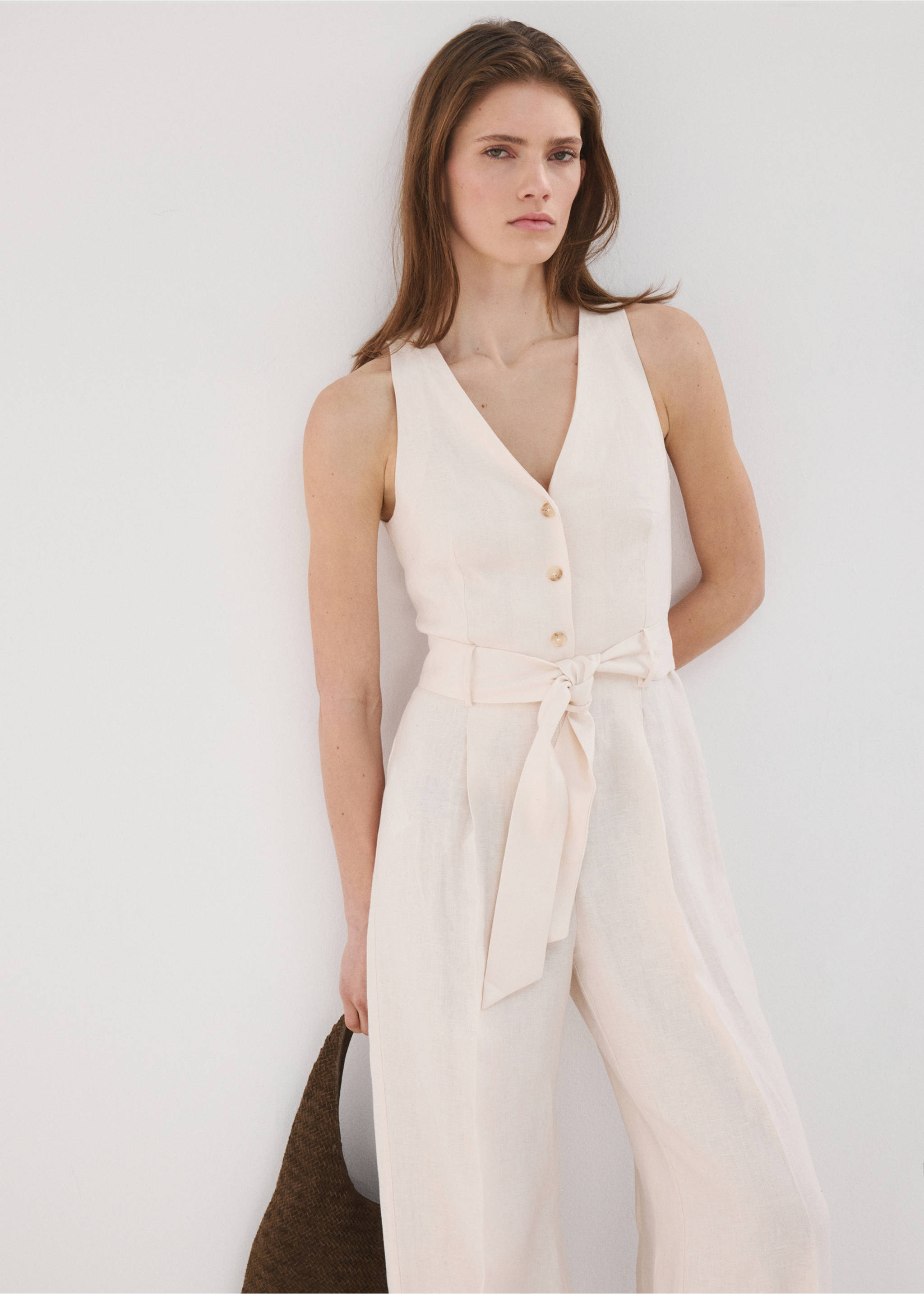 Belt linen jumpsuit - Medium plane, Ecru. Ref: 27097913-00.