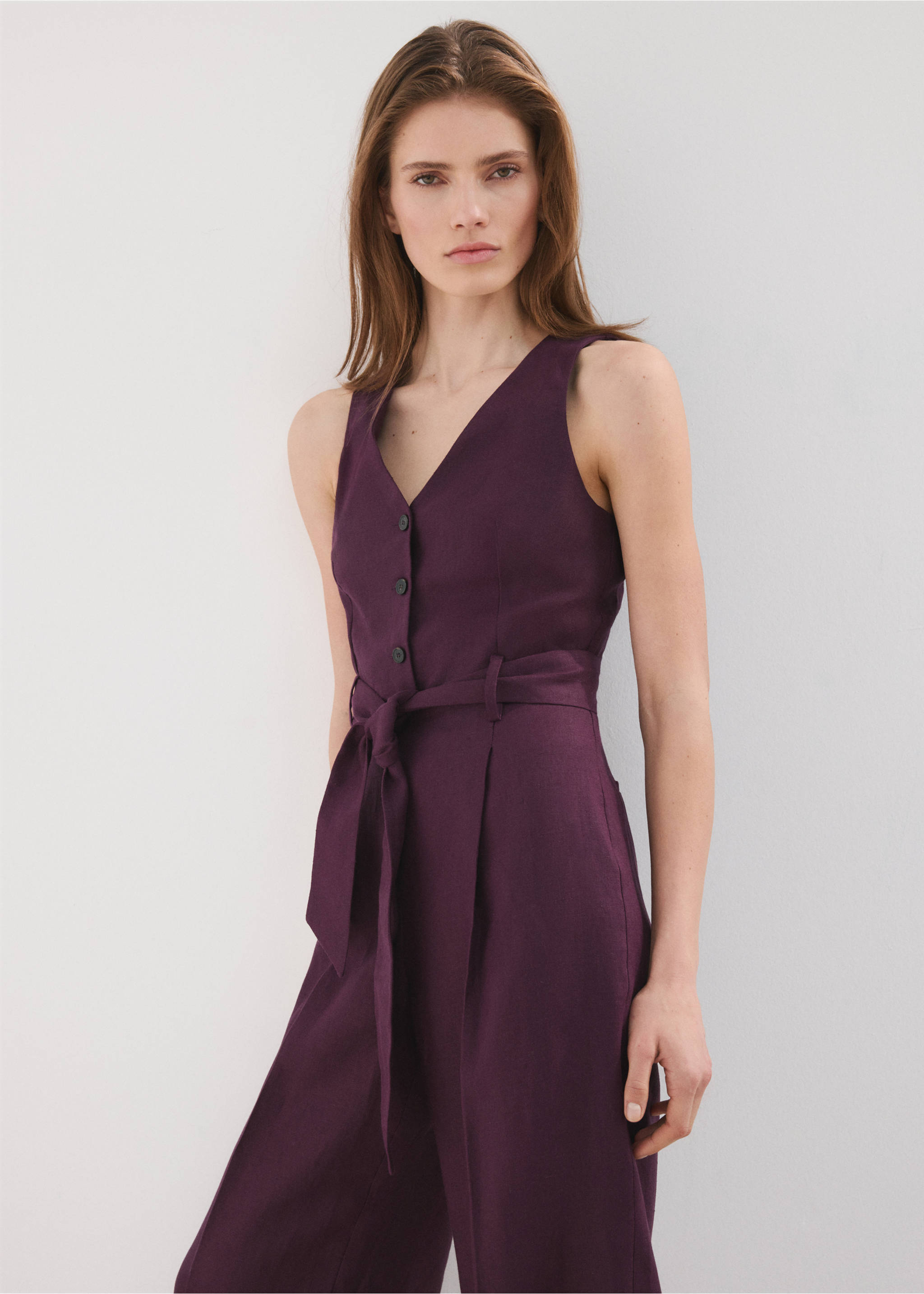 Belt linen jumpsuit - Medium plane, Blackberry. Ref: 27097913-00.