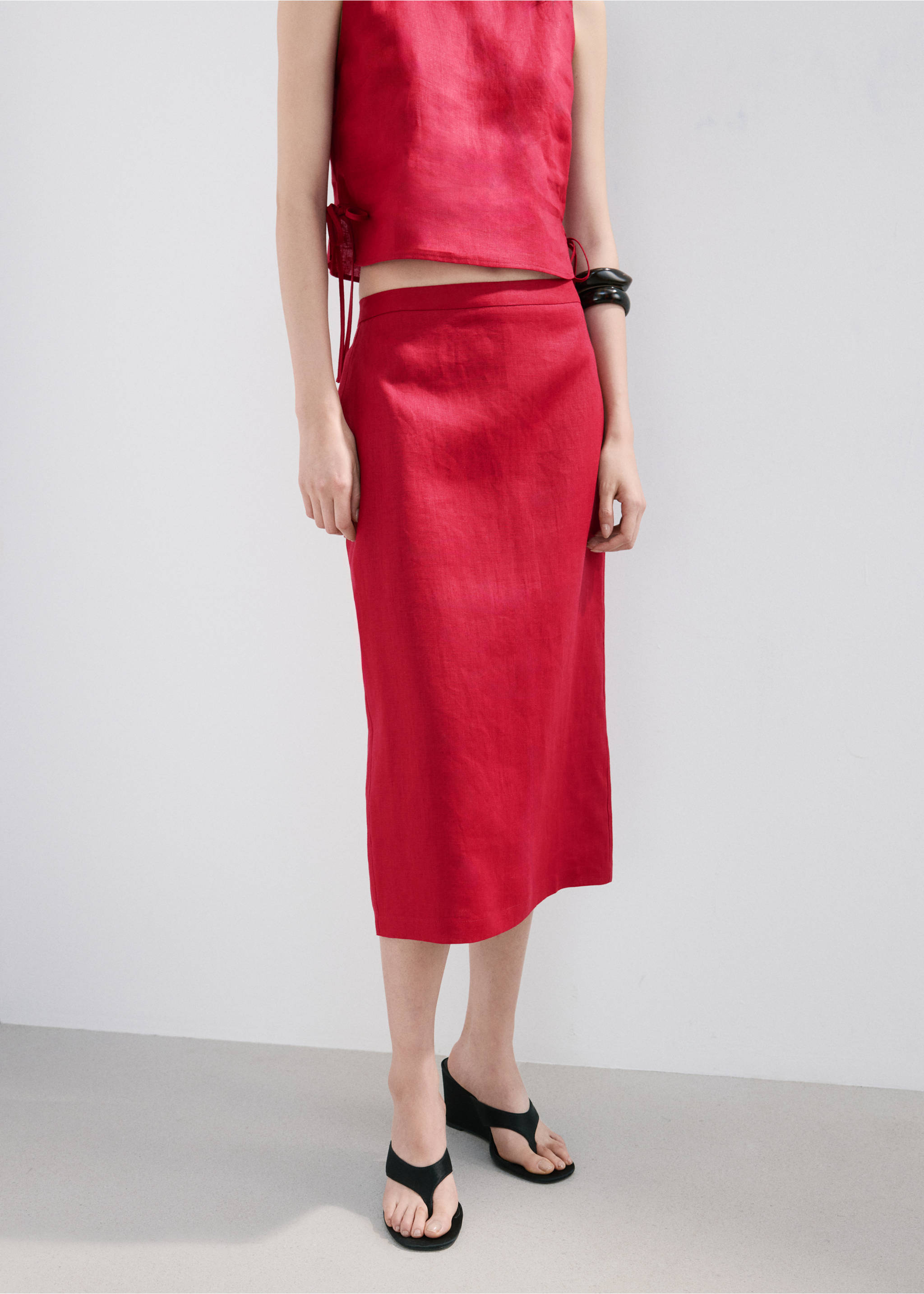 Linen midi skirt - Medium plane, Red. Ref: 27097926-00.