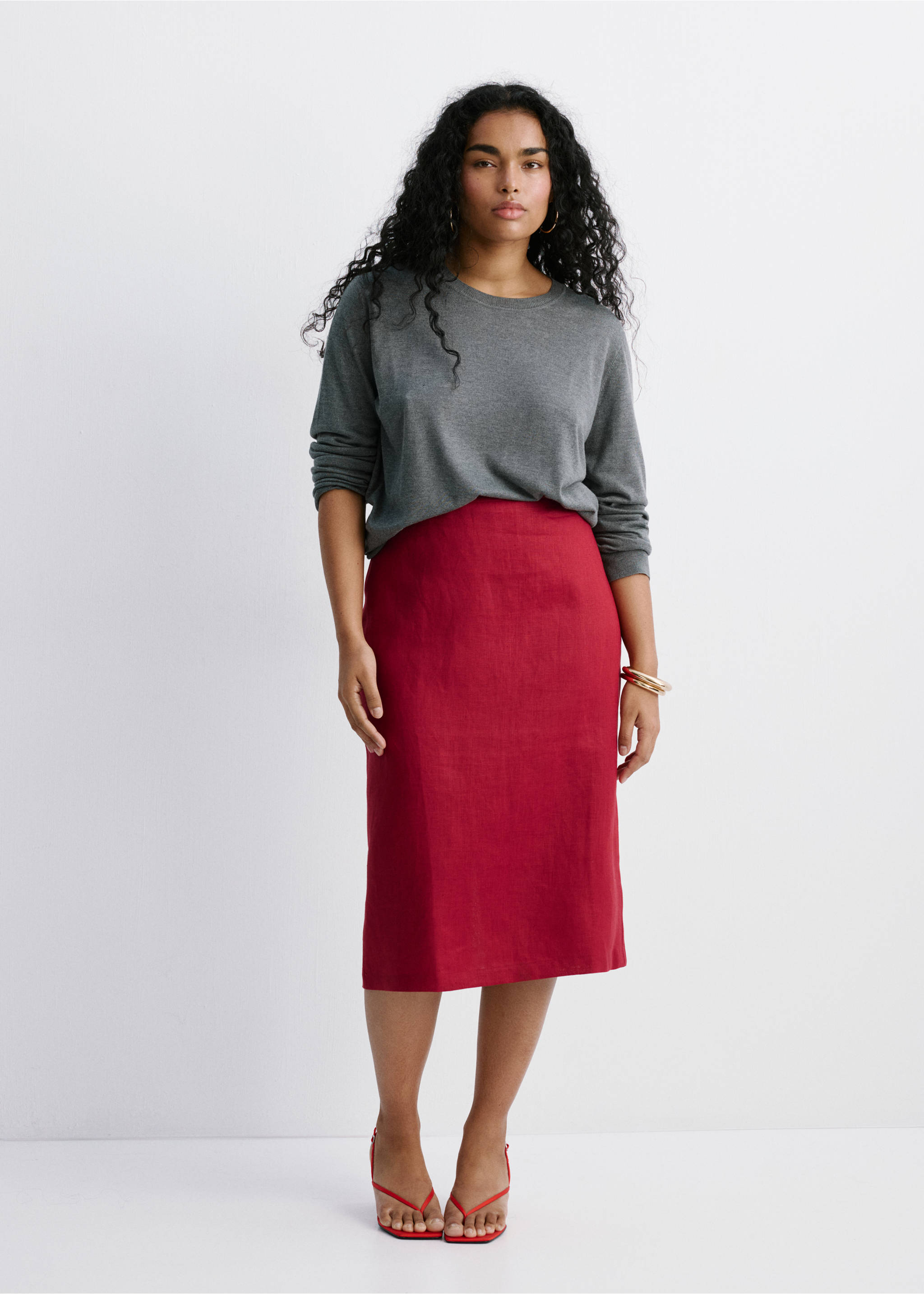 Linen midi skirt - Details of the article 3, Red. Ref: 27097926-00.