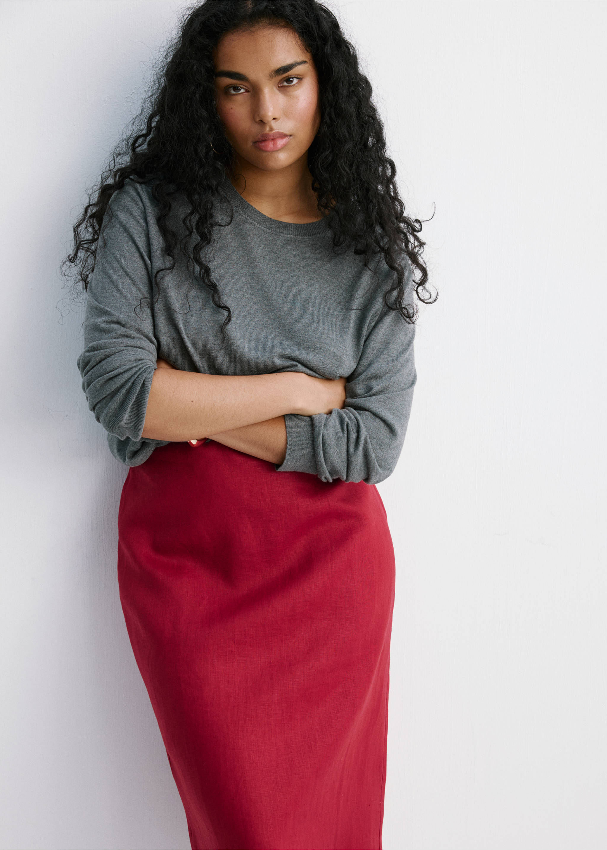 Linen midi skirt - Details of the article 5, Red. Ref: 27097926-00.