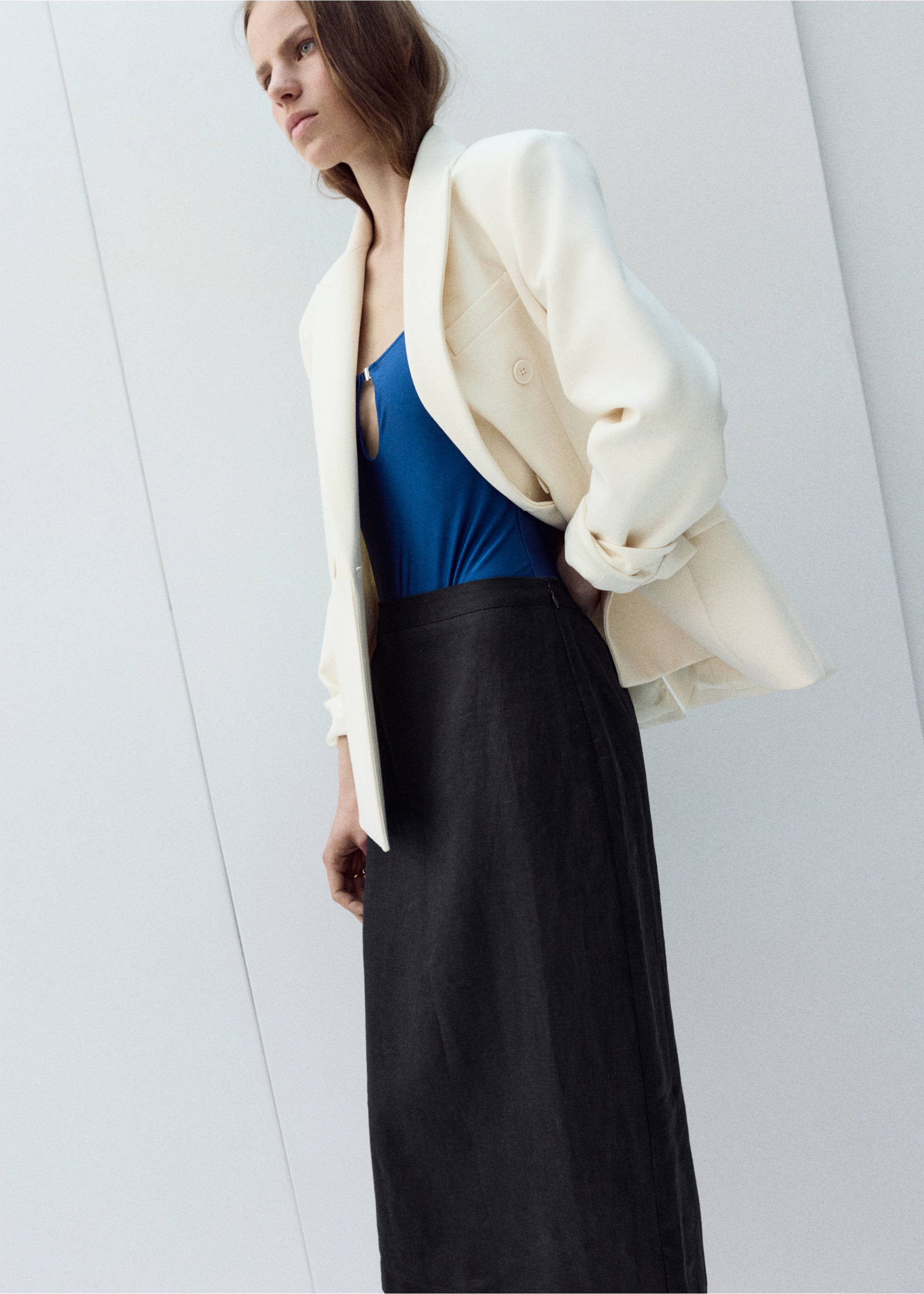 Linen midi skirt - Medium plane, Black. Ref: 27097926-00.