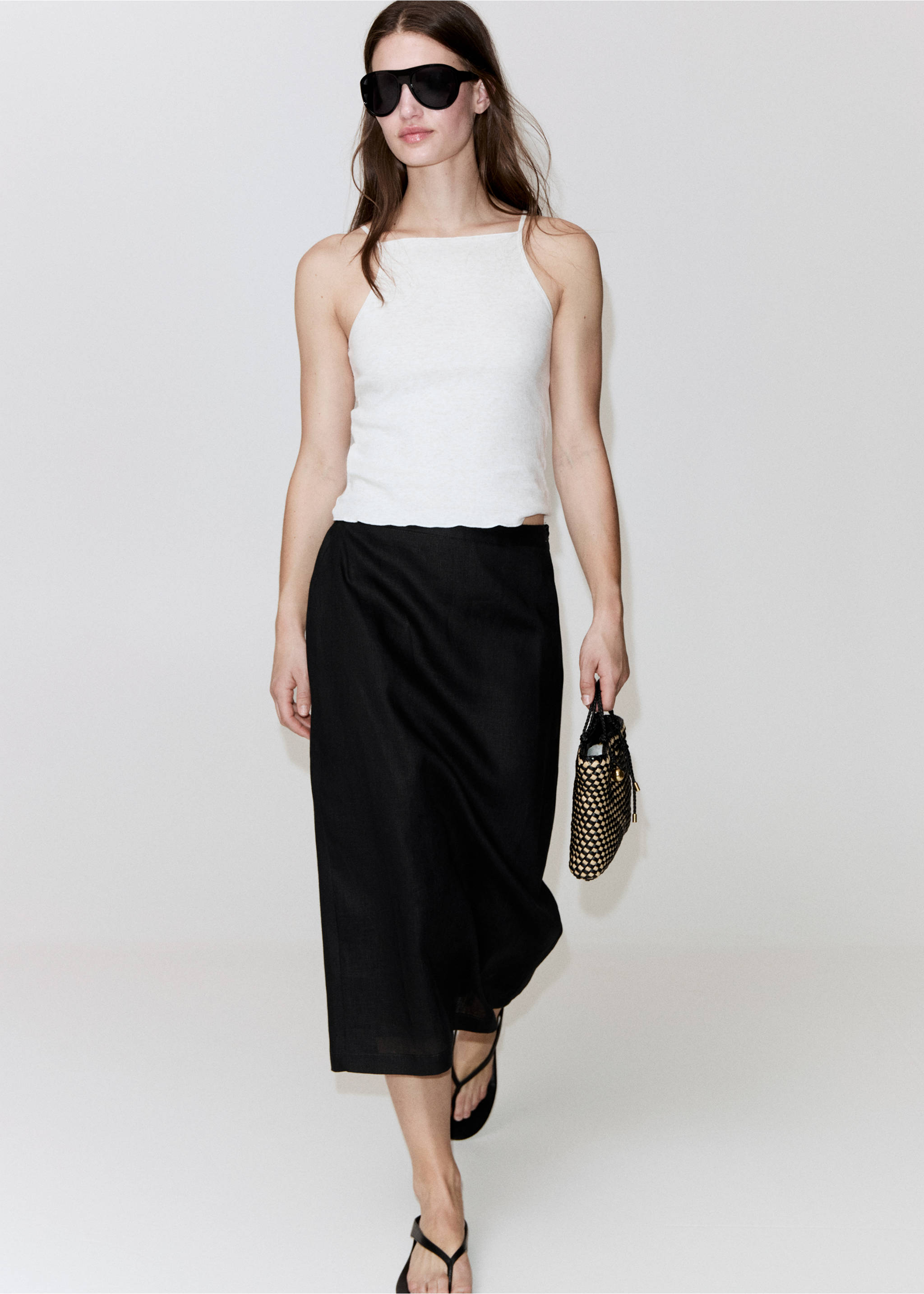 Linen midi skirt - Details of the article 3, Black. Ref: 27097926-00.