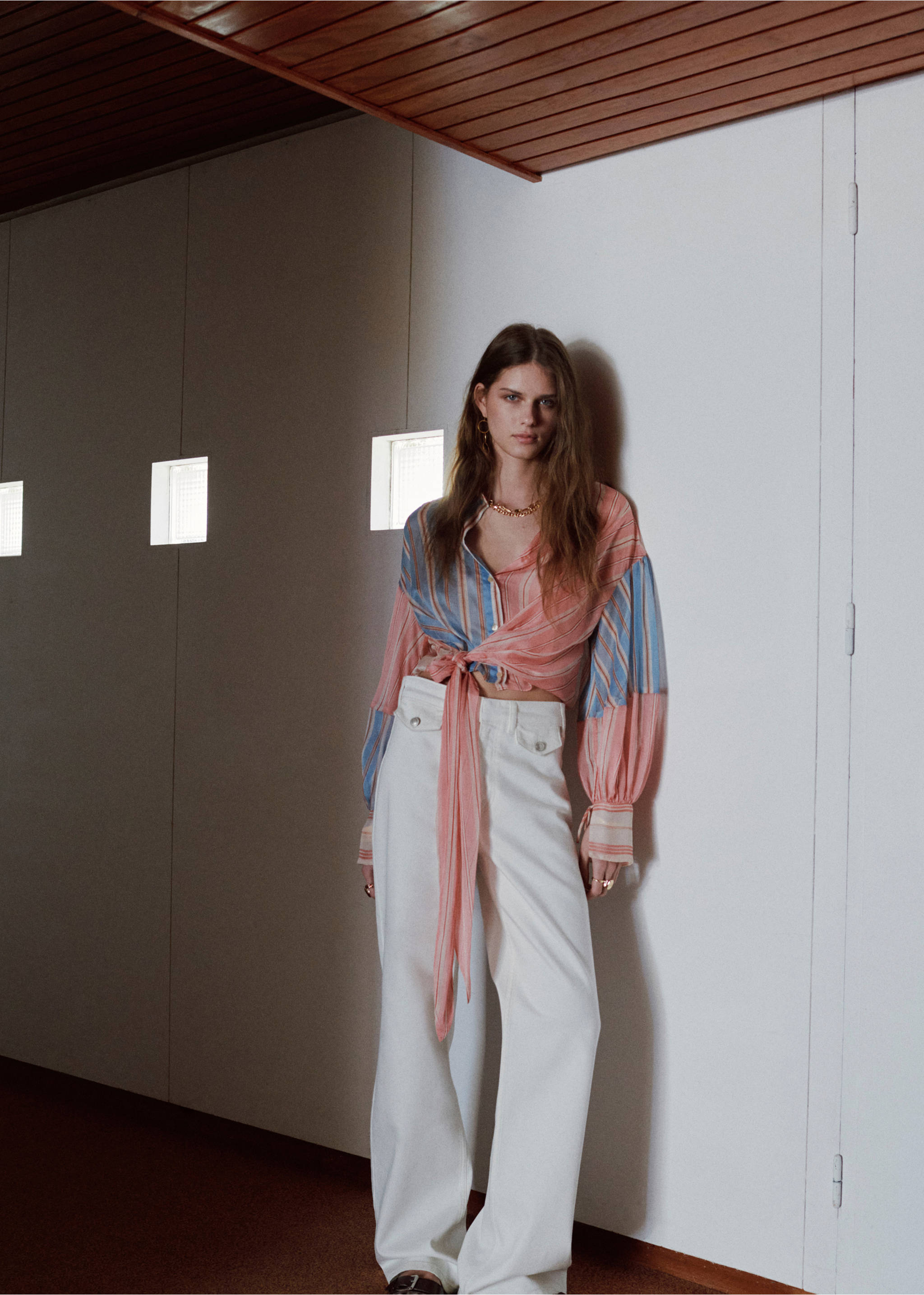 Striped blouse with tie fastening - General plane, Blue. Ref: 27097940-00.