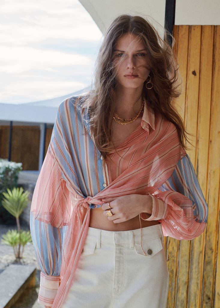 Striped blouse with tie fastening — Blue