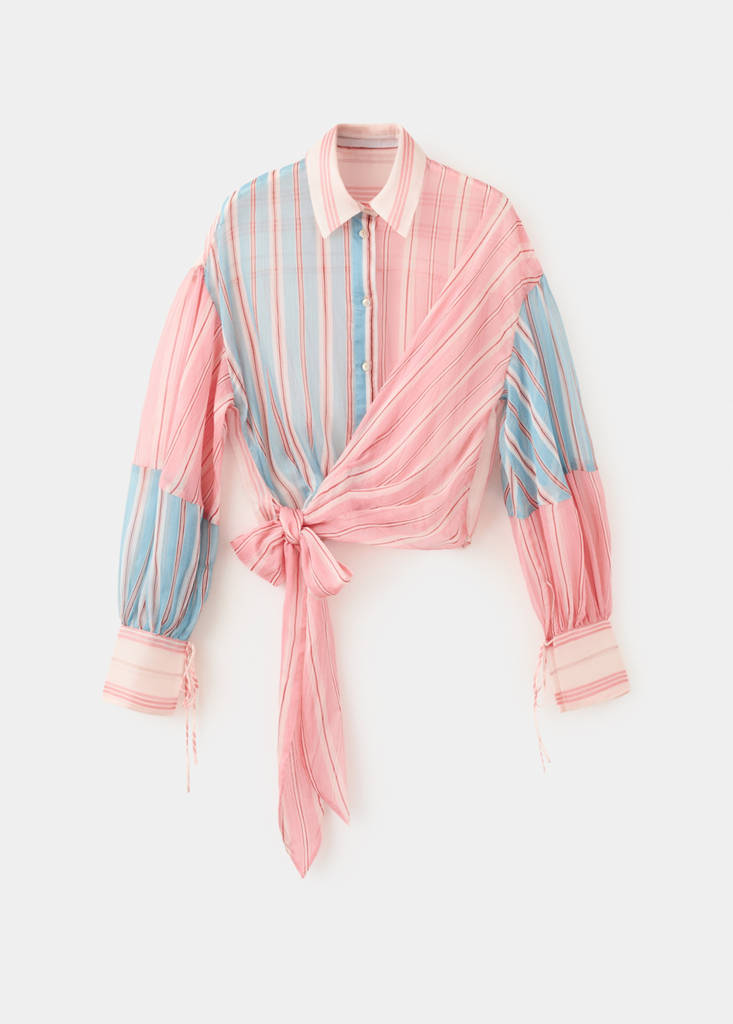 Striped blouse with tie fastening — Blue