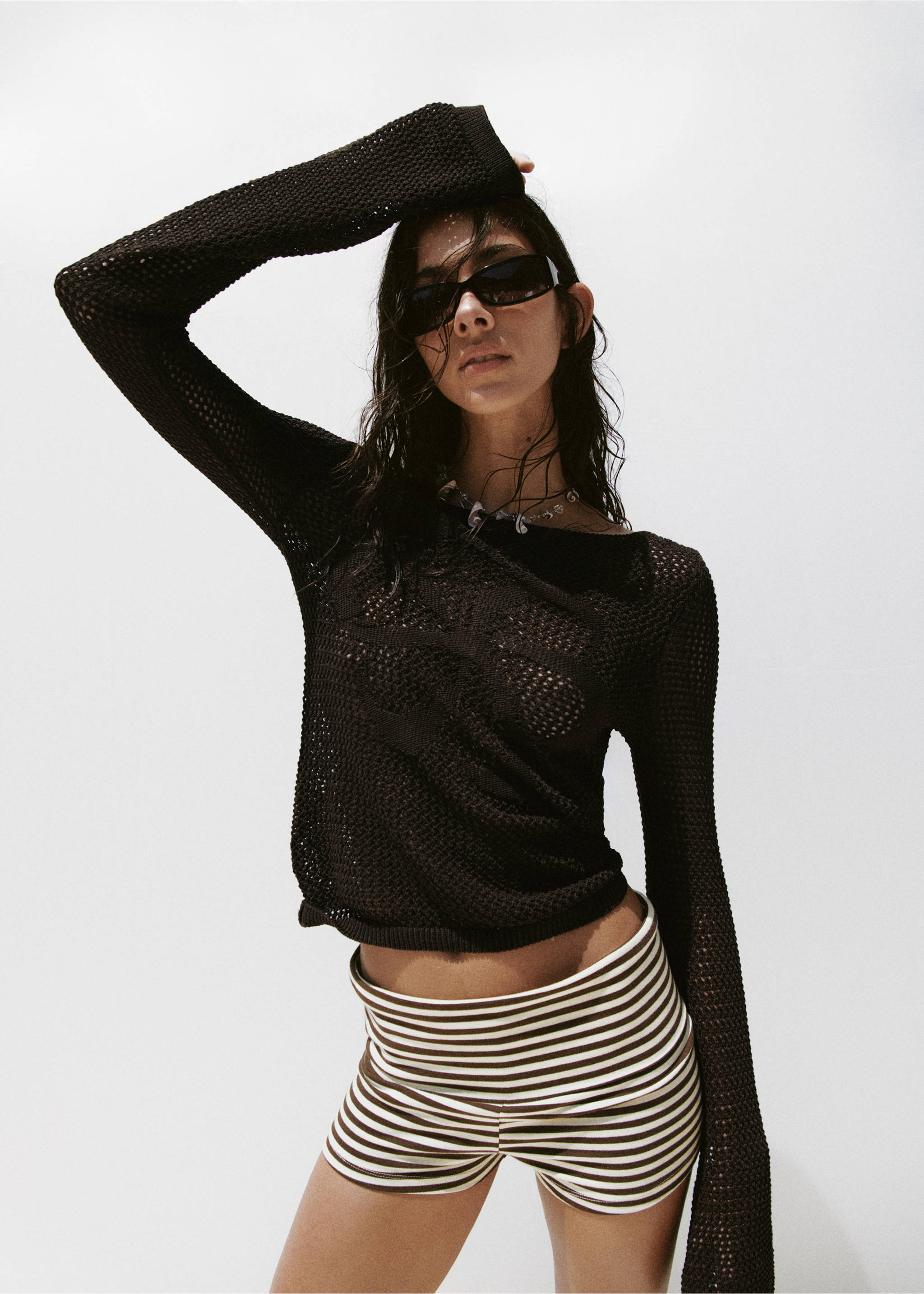 Striped cotton shorts - Details of the article 1, Brown. Ref: 27098654-00.