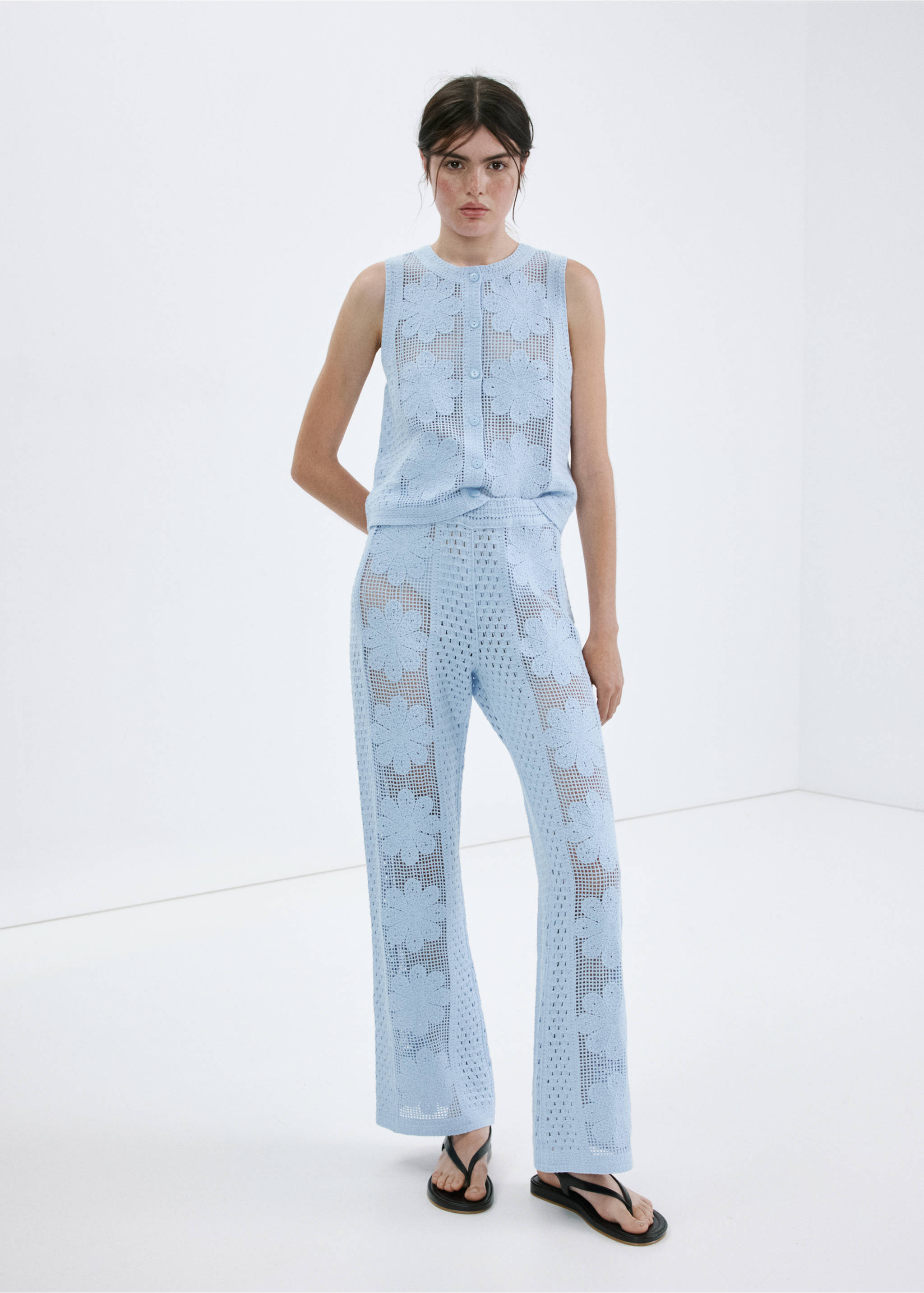 Embroidered openwork knit gilet - General plane, Sky Blue. Ref: 27099055-00.