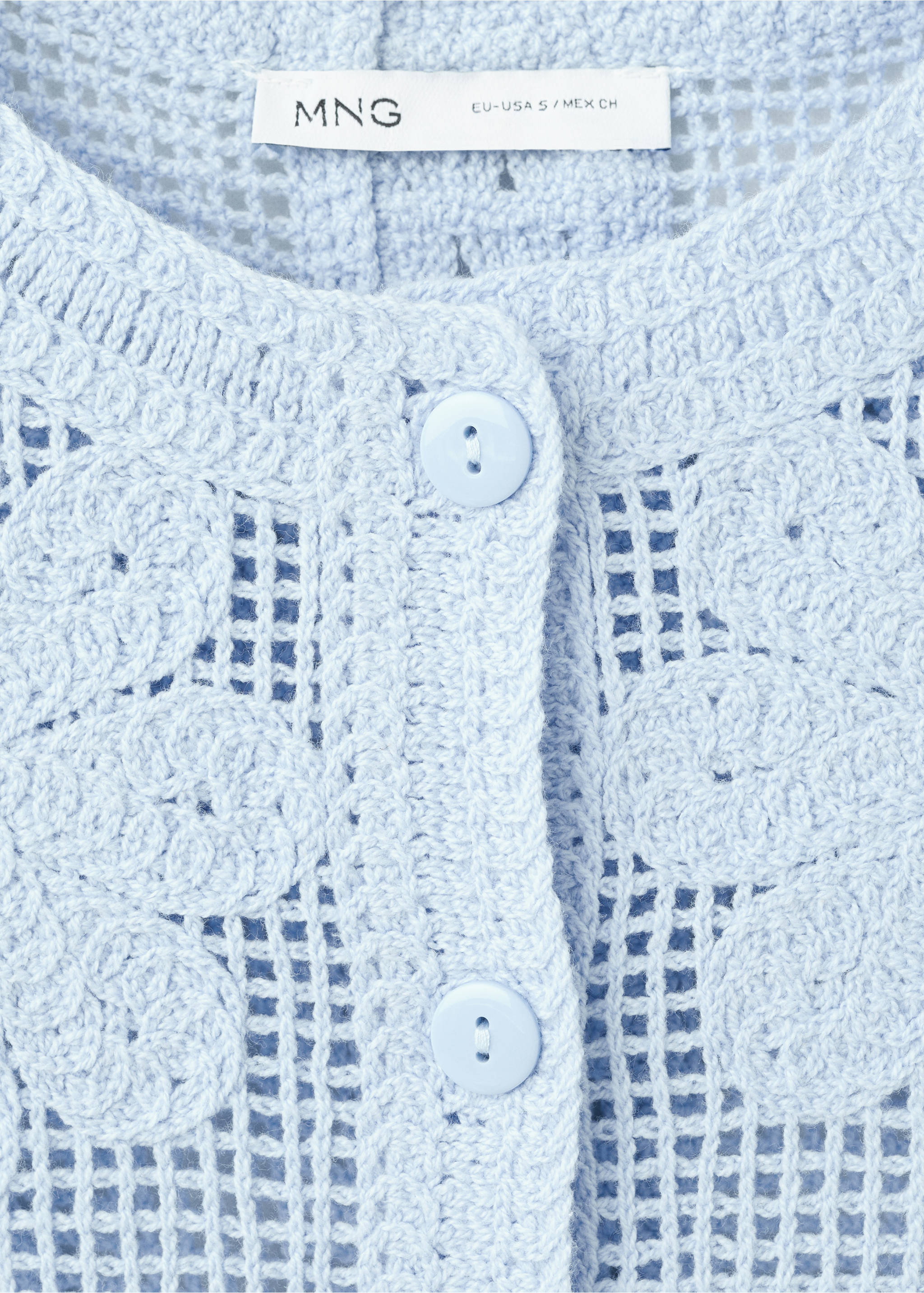 Embroidered openwork knit gilet - Details of the article 8, Sky Blue. Ref: 27099055-00.