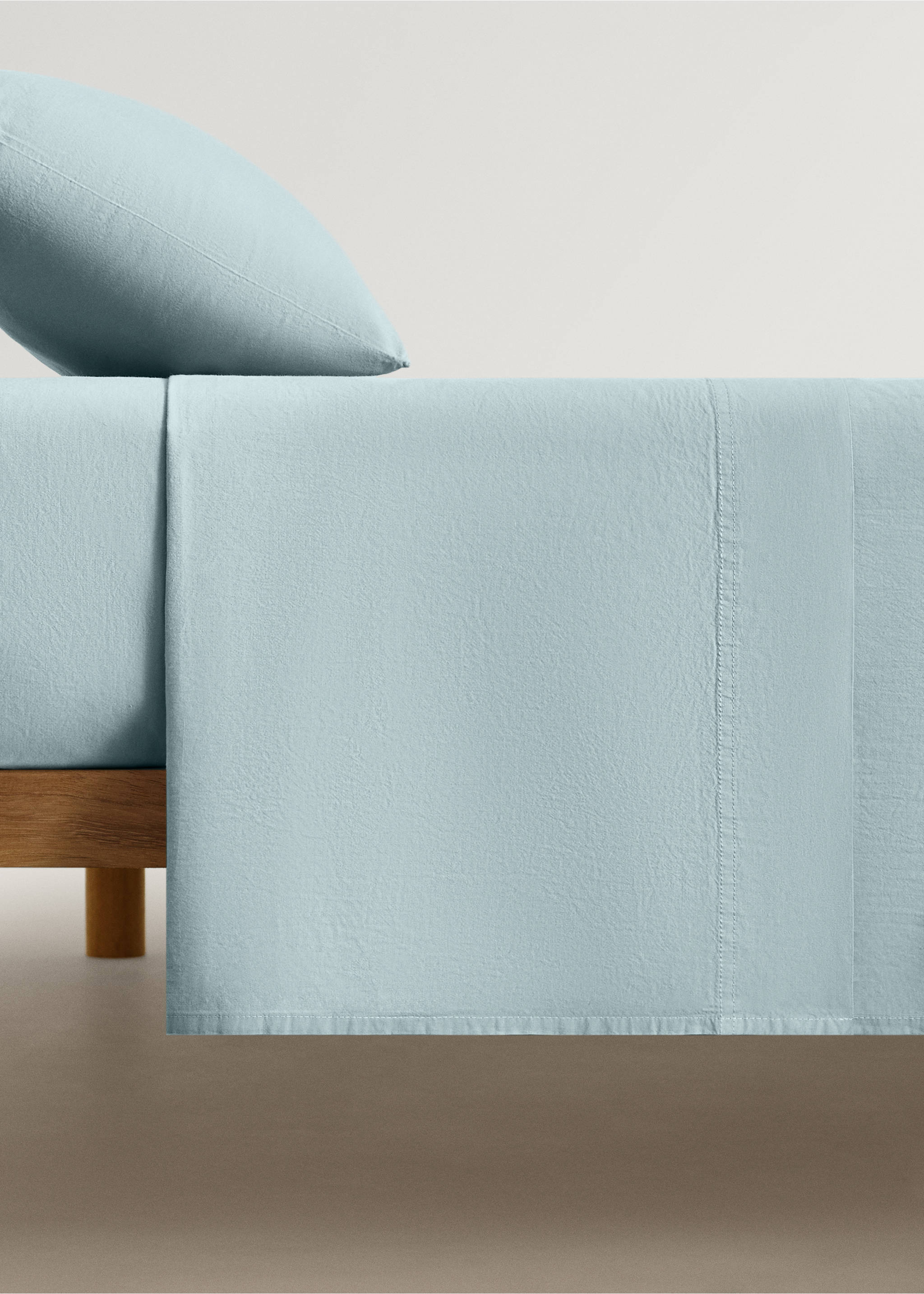 Washed cotton double-stitched top sheet for cot - Article without model, Aqua Green. Ref: 27193349-00.