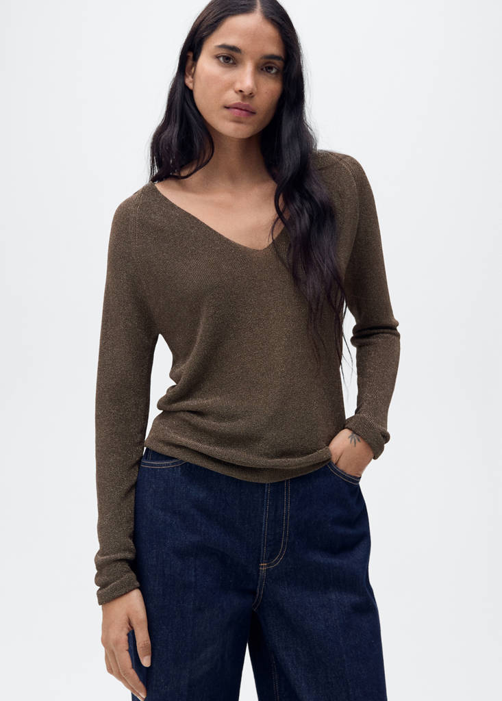 V-neck lurex sweater — Chocolate