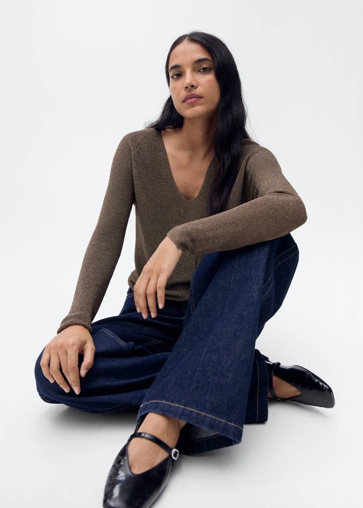 V-neck lurex sweater — Chocolate