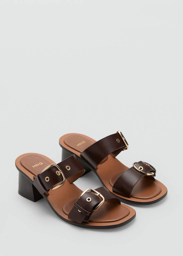 Leather heeled sandals with buckles — Brown