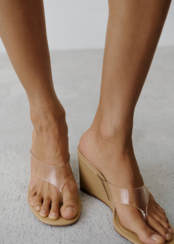 Vinyl strap wedge sandal — Nude