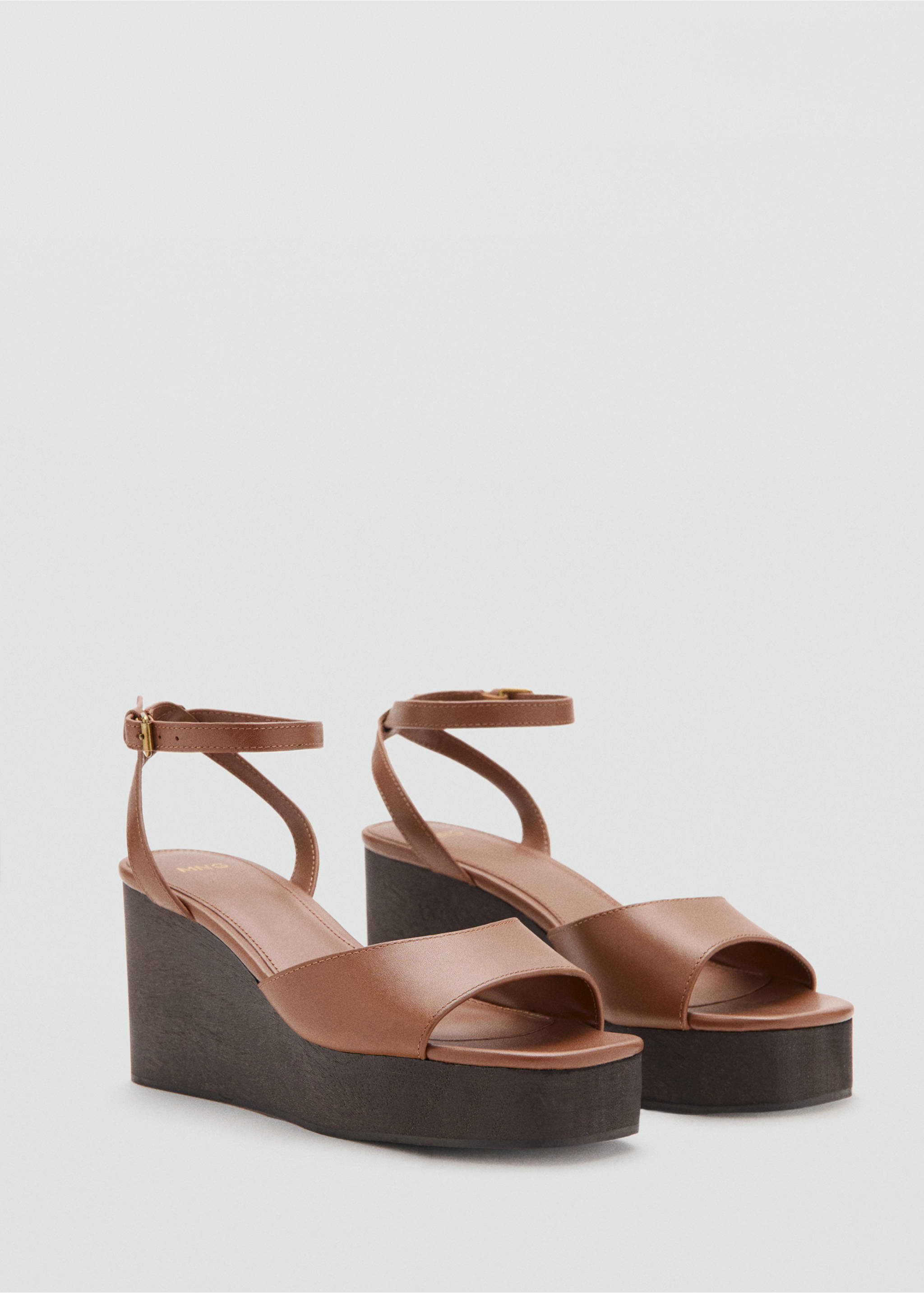 Sandales cuir talon compensé - Plan moyen, Marron moyen. Ref: 37001379-00.