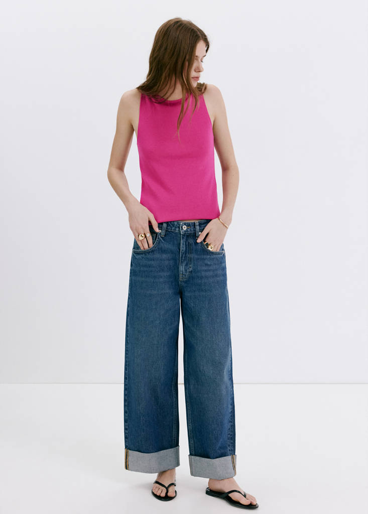 Fine knit boat neck top — Fuchsia